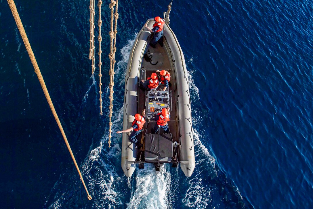 A look above sailors in a small inflatable boat.