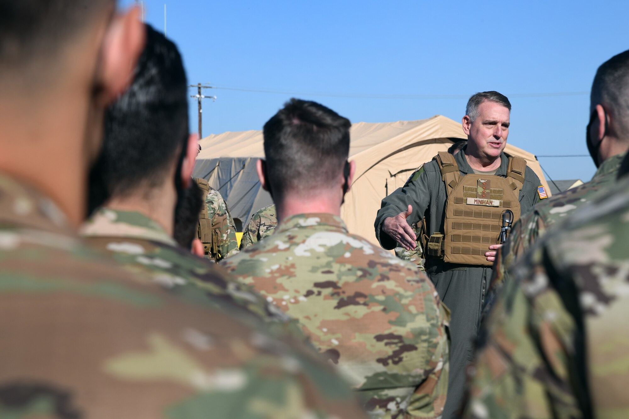U.S. Air Force Gen. Mike Minihan, commander of Air Mobility Command, addresses 621st Contingency Response Wing Airmen prior to departing the wing for the remainder of his base visit Feb. 11, 2022, at Travis Air Force Base, California. Minihan discussed how they have been a pioneering force for Multi-capable Airmen as well as the legacy of impact CR operations have had over the years, including the wing’s support to Operations Allies Refuge and Allies Welcome in 2021. (U.S. Air Force photo by Master Sgt. Melissa B. White)