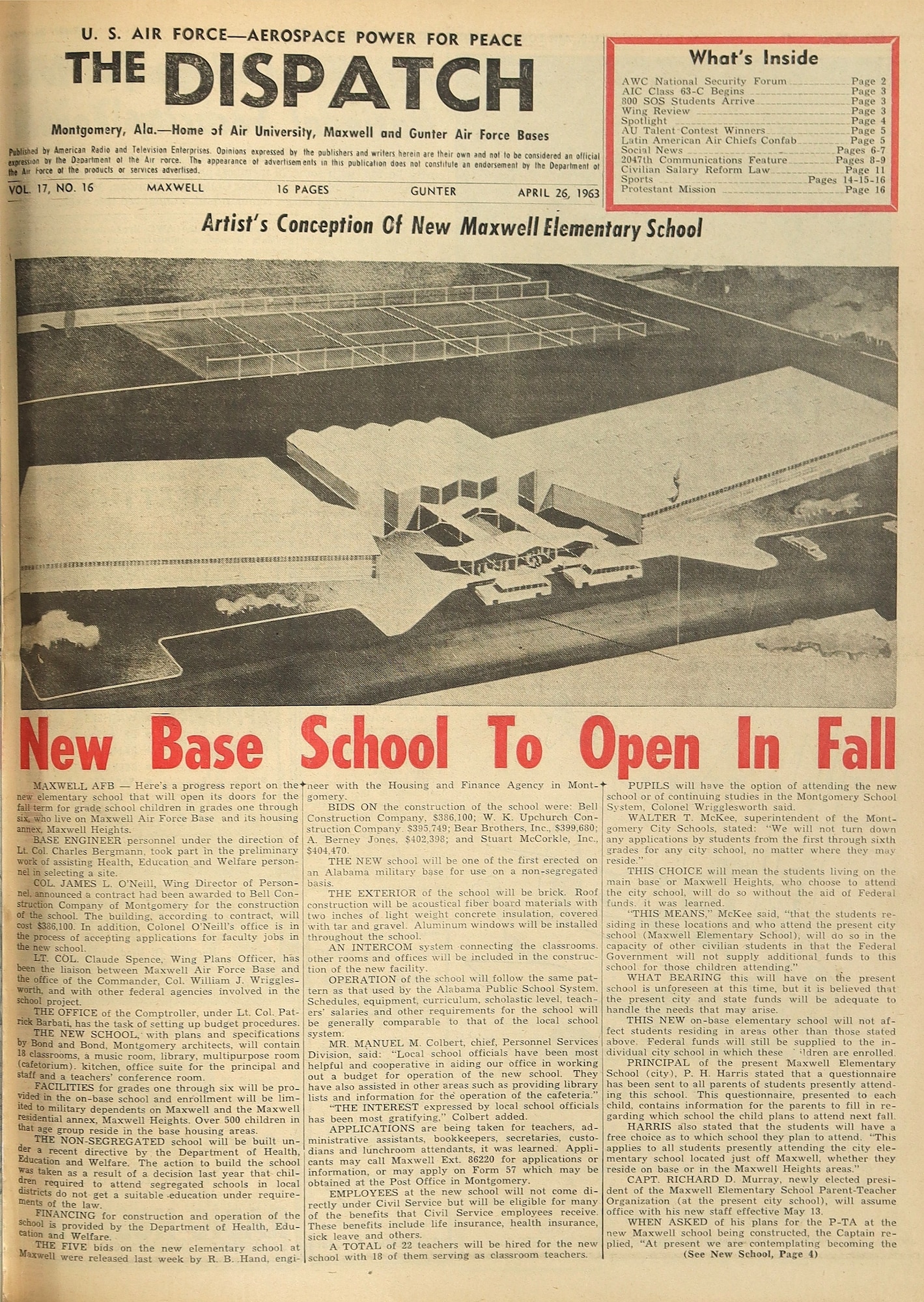 Air University Dispatch article about the opening of Maxwell Elementary School in September 1963.