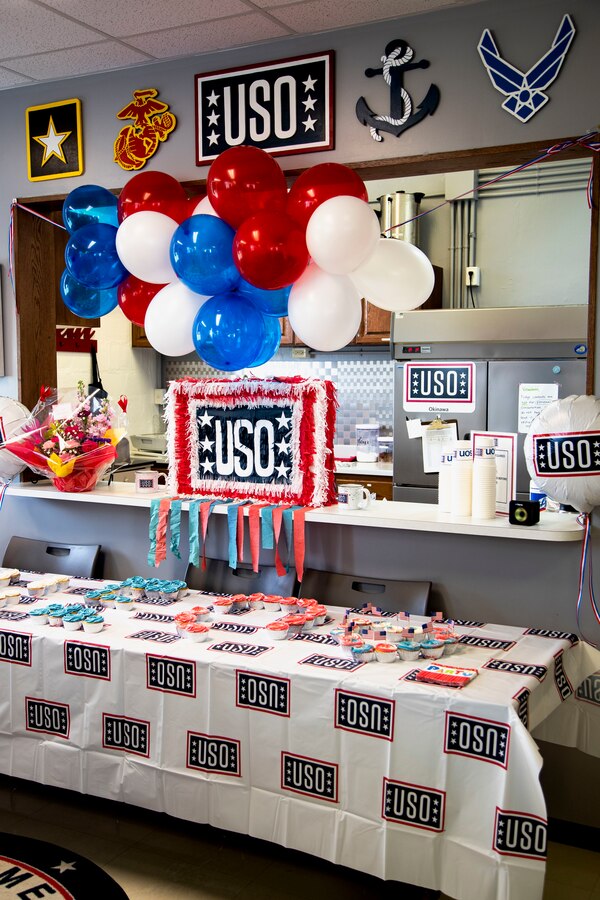 Decorations and food are displayed at the USO on Camp Foster, Okinawa, Japan, Feb. 4, 2022. The USO celebrated its 81st birthday across all of its offices around the world, continuing to be the bridge for U.S. service members and their families back to home. (U.S. Marine Corps photo by Cpl. Ryan H. Pulliam.)