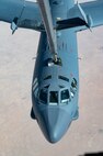 The nose of a B-52 is shown during a flight.