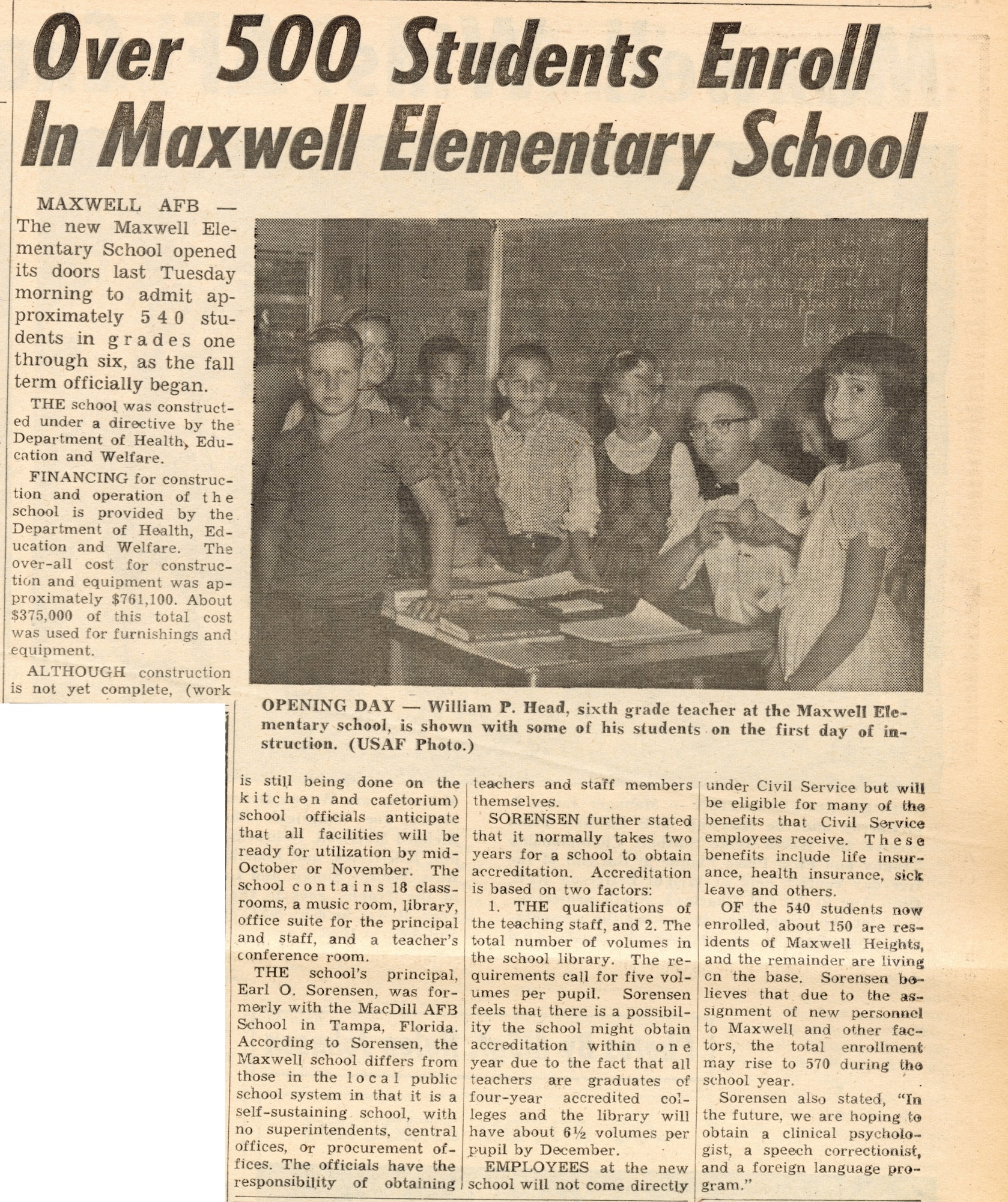 Air University Dispatch article about the opening of Maxwell Elementary School in September 1963.