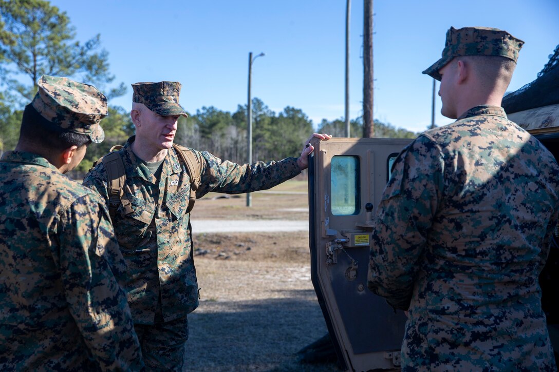 U.S. Marine Corps Sgt. Maj. Troy E. Black, the 19th Sergeant Major of the Marine Corps, speaks to low altitude air defense Marines at Marine Corps Air Station Cherry Point, North Carolina, Jan. 13, 2022. The brief was part of a three-day Sergeant Major of the Marine Corps Force Level Summit. The summits are held quarterly to support force level sergeants major at their respective commands. (U.S. Marine Corps photo by Sgt. Victoria Ross)