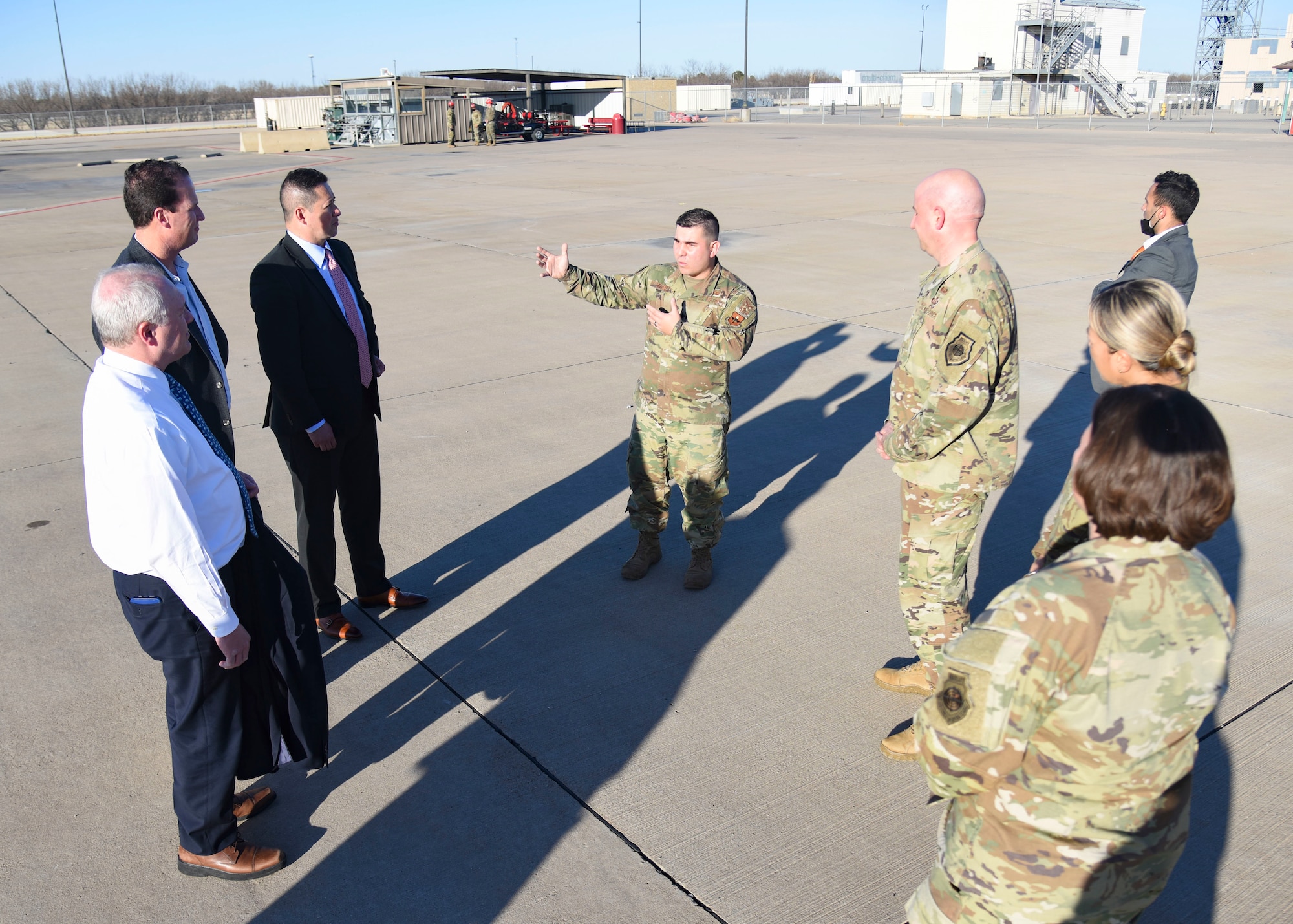 U.S. Air Force Staff Sgt. Joshua Leonida, 312th Training Squadron instructor, briefs House Minority Whip Steve Scalise, U.S. Representatives August Pfluger and Tony Gonzales, and 17th Training Wing leaders during a tour of the Louis F. Garland Department of Defense Fire Academy at Goodfellow Air Force Base, Texas.
