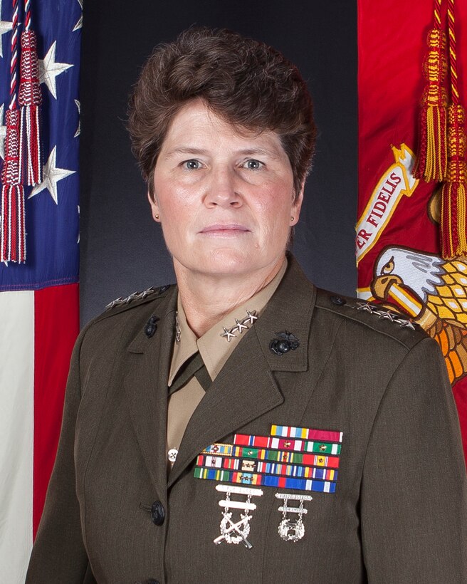 U.S. Marine Corps LtGen Loretta Reynolds, Deputy Commandant of Information, takes an official command portrait at the Pentagon, Washington D.C., July 9th, 2018.
