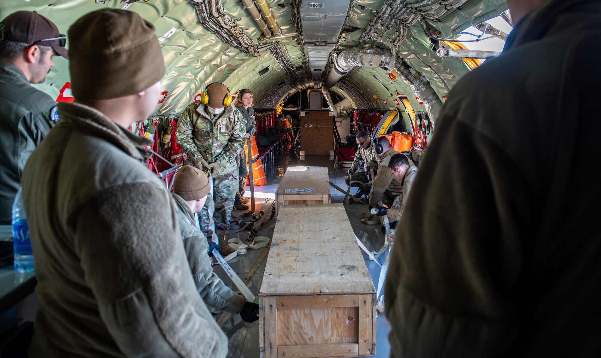 Air Force reservists from the 67th Aerial Port Squadron conduct a cargo loading exercise involving the transportation of human remains Feb. 5, 2022 at Hill Air Force Base, Utah
