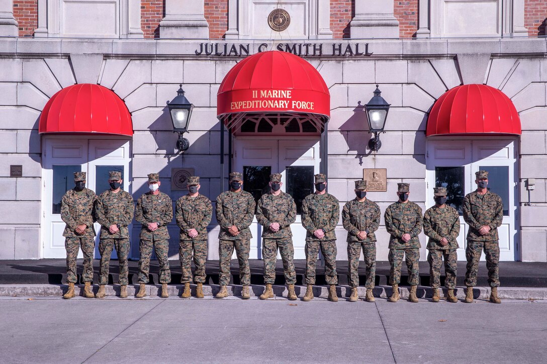 U.S. Marine Corps Sgt. Maj. Troy E. Black, the 19th Sergeant Major of the Marine Corps, poses for a photo with force level sergeants major at the II Marine Expeditionary Force Headquarters, Camp Lejeune, North Carolina, Jan. 11, 2022. The photo followed briefs supporting a three-day Sergeant Major of the Marine Corps Force Level Summit. The summits are held quarterly to support force level sergeants major at their respective commands. (U.S. Marine Corps photo by Sgt. Victoria Ross)