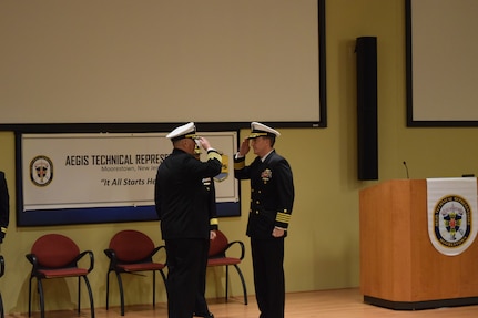 Capt. Sid Hodgson (right) relieved Capt. Philip Mlynarski (left) as the fifteenth commanding officer of AEGIS Technical Representative (AEGIS TECHREP) during a ceremony at Lockheed Martin Main Plant, Moorestown, New Jersey on 11 Feb.