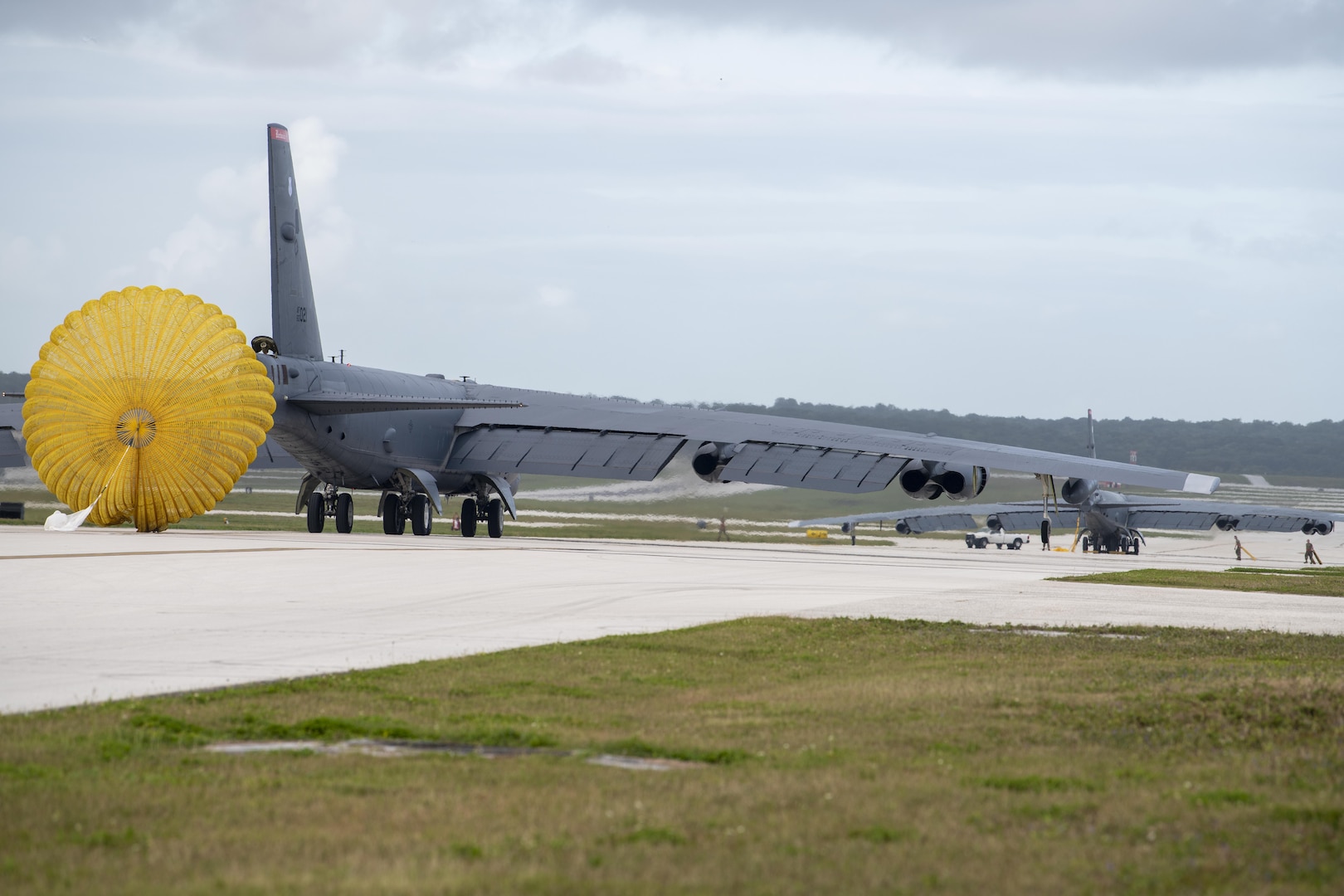 A U.S. Air Force B-52 Stratofortress from the 96th Expeditionary Bomb Squadron arrives for a Bomber Task Force deployment at Andersen Air Force Base, Guam, Feb. 11, 2022. Bomber missions contribute to joint force lethality and deter aggression in the Indo-Pacific by demonstrating U.S. Air Force ability to operate anywhere in the world at any time in support of the National Defense Strategy.  (U.S. Air Force photo by Staff Sgt. Lawrence Sena)