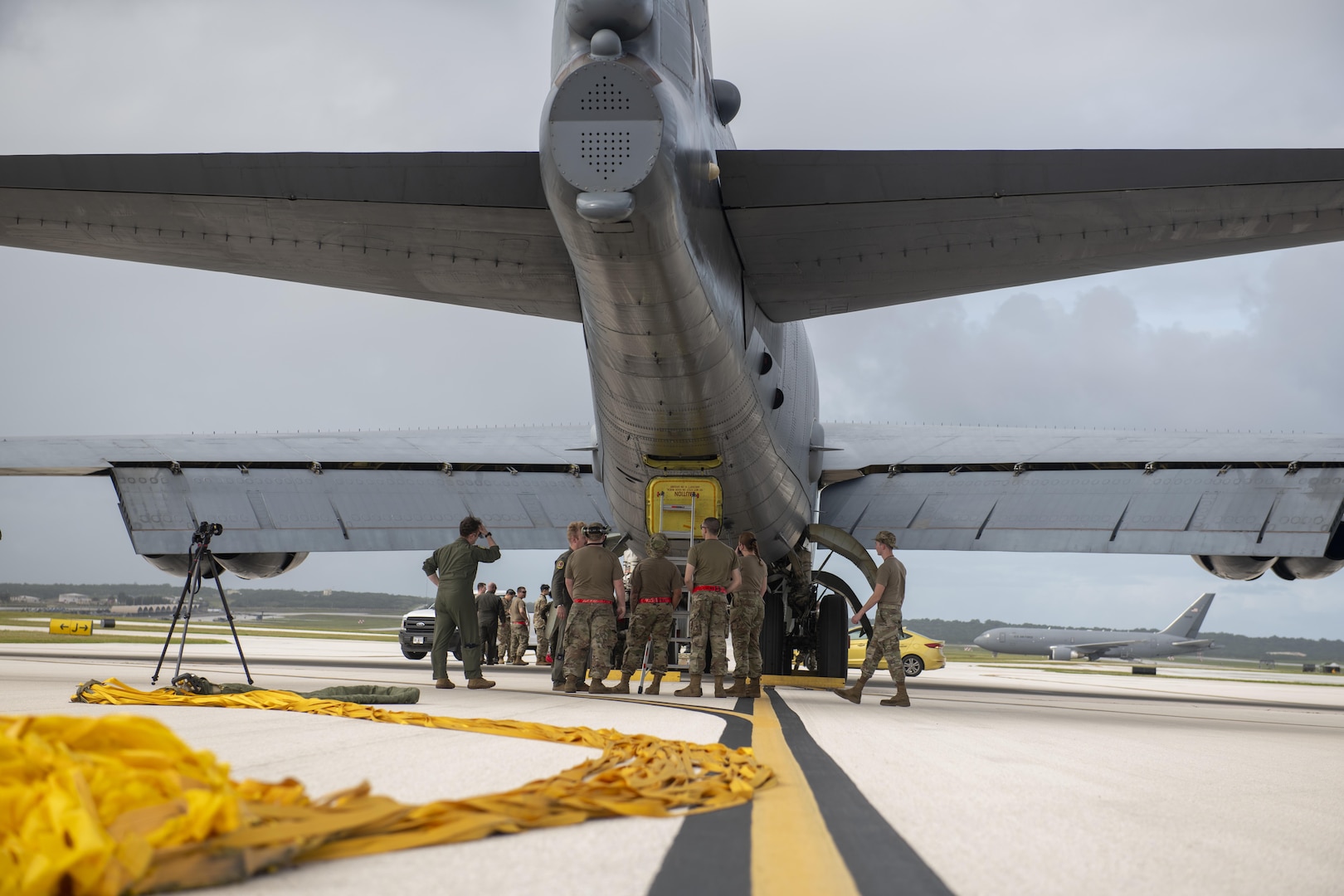 U.S. Air Force Airmen from the 96th Expeditionary Bomb Squadron unload a B-52 Stratofortress in support of a Bomber Task Force deployment at Andersen Air Force Base, Guam, Feb. 11, 2022. The U.S. routinely and visibly demonstrates commitment to its allies and partners through the global employment of our military forces. (U.S. Air Force photo by Staff Sgt. Lawrence Sena)