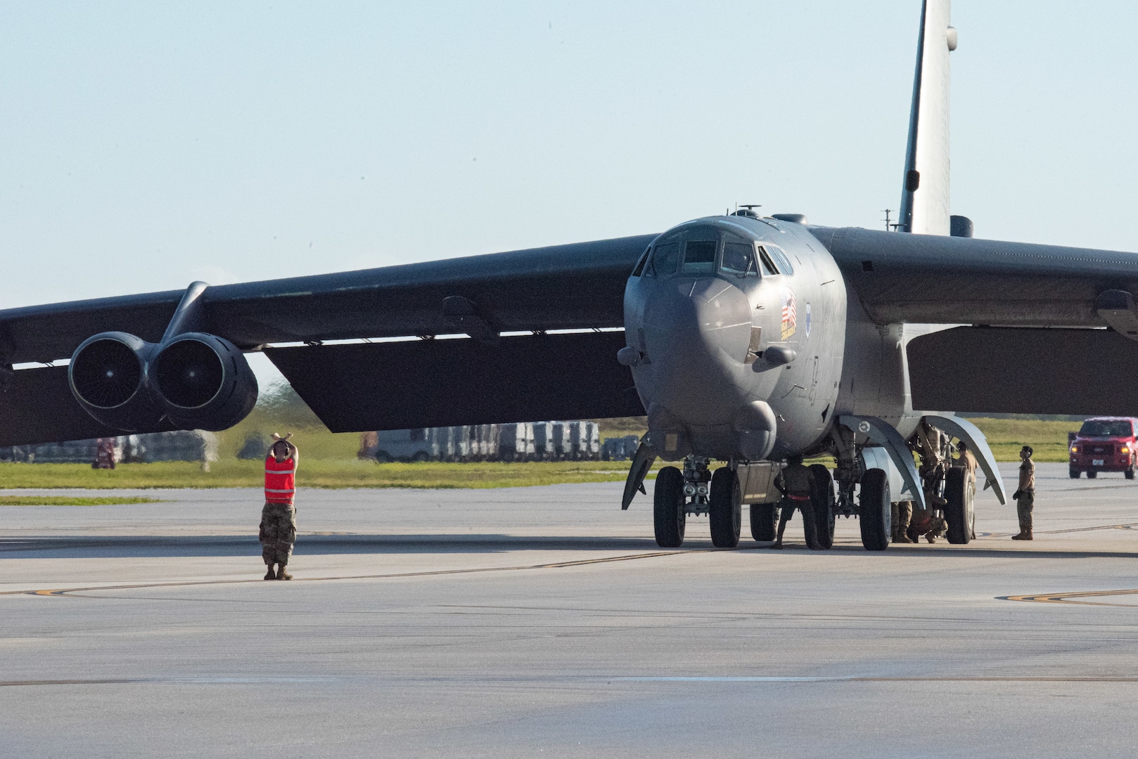 Airmen from the 2nd Maintenance Squadron prepare a B-52 Stratofortress for maintenance on a flight line in support of a Bomber Task Force mission at Andersen Air Force Base, Guam, Feb. 9th, 2022. Bomber missions contribute to joint force lethality and deter aggression in the Indo-Pacific by demonstrating U.S. Air Force ability to operate anywhere in the world at any time in support of the National Defense Strategy. . (U.S. Air Force photo by Senior Airman Jonathan E. Ramos)