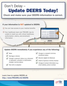 Being able to use TRICARE depends on you keeping your information up to date in the Defense Enrollment Eligibility Reporting System (DEERS).