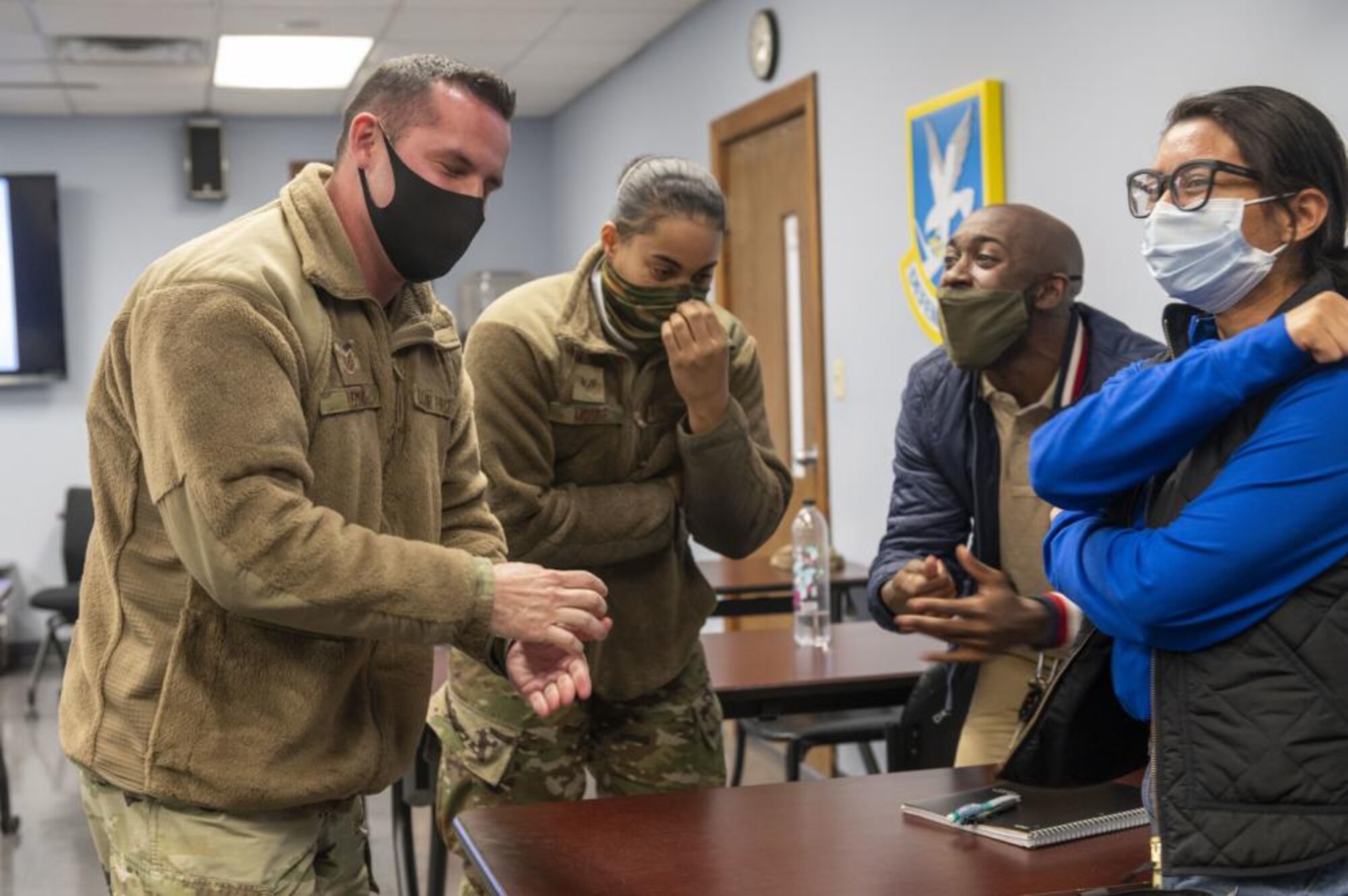 Airmen from the 4th Fighter Wing participate in Airpower Leadership Academy activities at Seymour Johnson Air Force Base, North Carolina, Jan. 12, 2022. ALA Airmen competed in a rock-paper-scissors match as an ice-breaker activity to begin to get to know each other. (U.S. Air Force photo by Airman 1st Class Kevin Holloway)