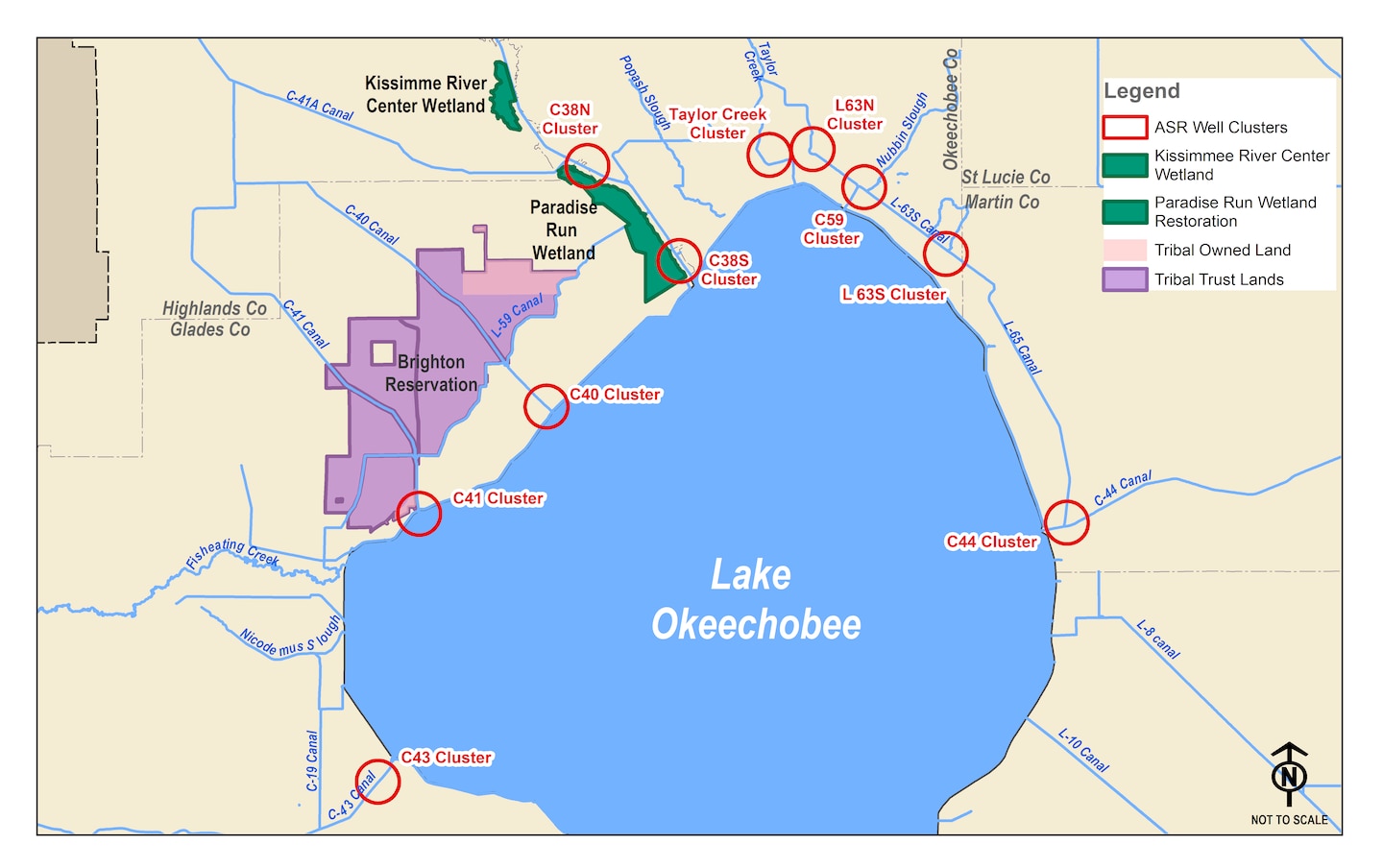 Lake Okeechobee Watershed Restoration Feature Map with Legend and ASR Cluster Labels