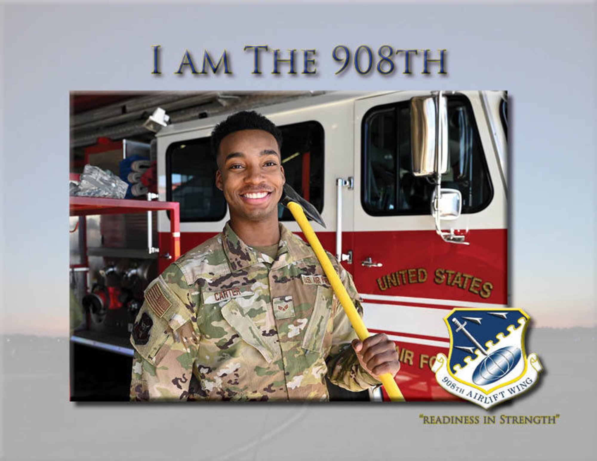Senior Airman Coryan Carter, a fire protection journeyman with the 908th Civil Engineering Squadron at Maxwell Air Force Base, Alabama, poses for a photo in front of firetruck Feb. 06, 2022. Those that work in the fire protection career field are tasked with protecting people, property, and the environment from fire and disasters. (U.S. Air Force graphic by Senior Airman Shelby Thurman)