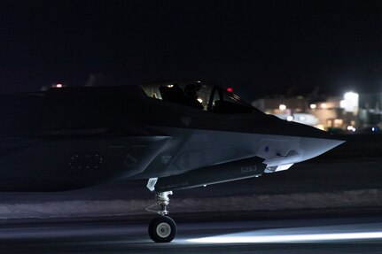F-35A Lightning II aircraft from the 34th Fighter Squadron, 388th Fighter Wing, Hill Air Force Base, Utah depart Vermont Air National Guard Base in South Burlington, Vt, Feb. 16, 2022. These deployments were conducted in full coordination with host nations and NATO military authorities, and although temporary in nature, they are prudent measures to increase readiness and enhance NATOs collective defense during this period of uncertainty. (U.S. Air National Guard photo by Senior Master Sgt. Michael Davis)
