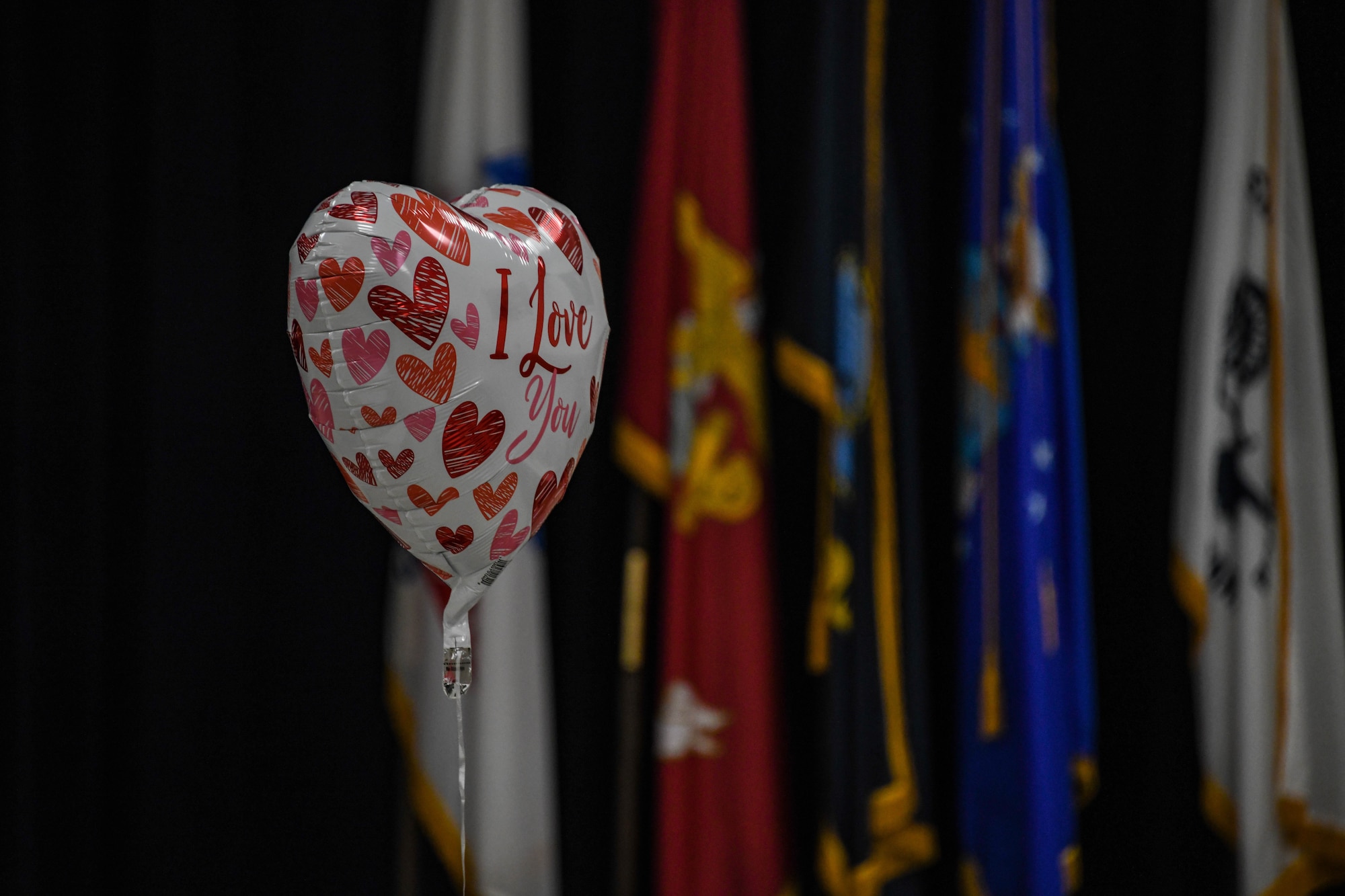 A Valentine’s Day balloon is displayed in the recreational room at the Clinton Veterans Center, Oklahoma, Feb. 14, 2022. Airmen from Altus Air Force Base, Oklahoma, visited five assisted living facilities on Valentine’s Day. (U.S. Air Force photo by Senior Airman Kayla Christenson)