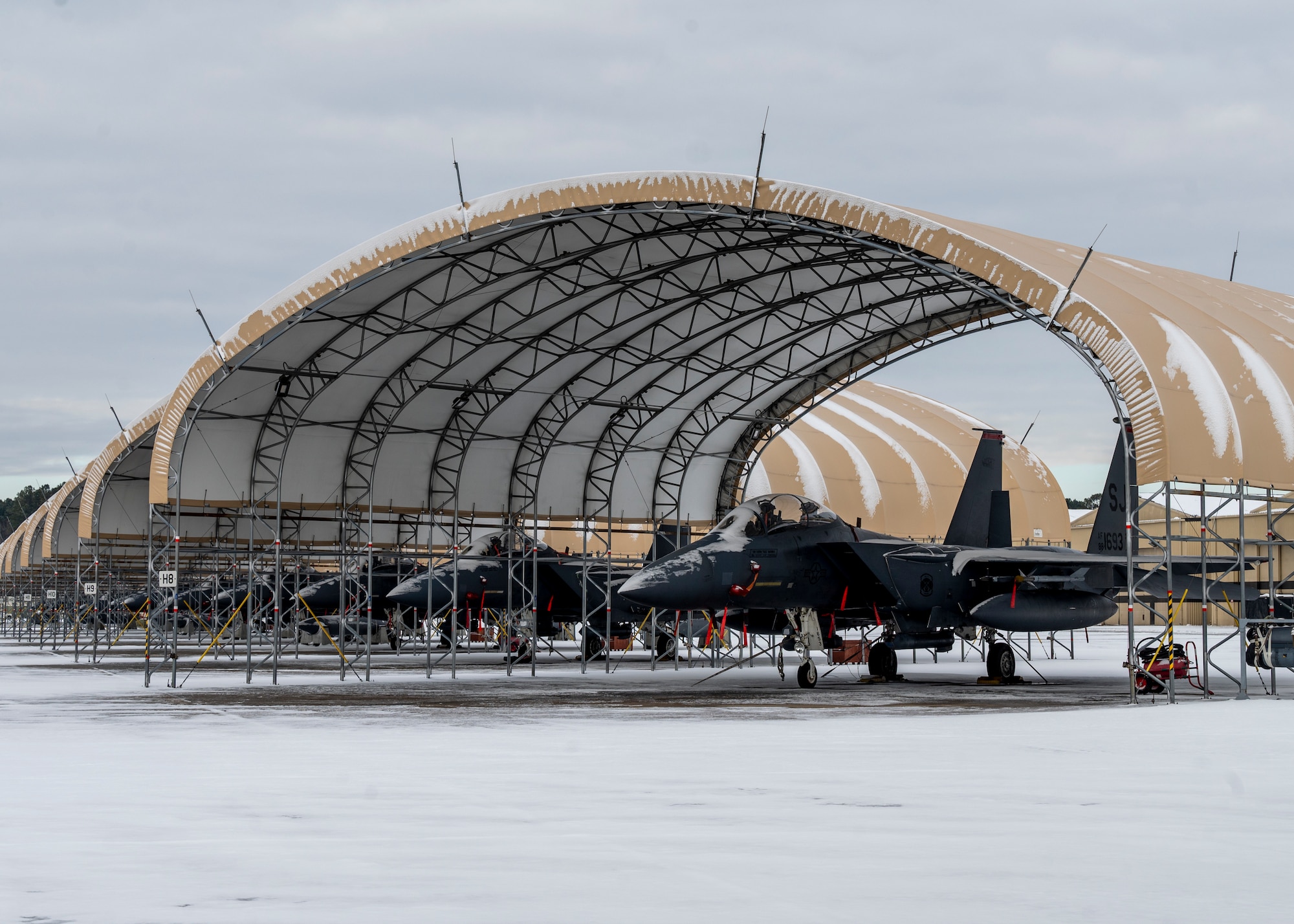 Canopies protect F-15E Strike Eagles from snow at Seymour Johnson Air Force Base, North Carolina, Jan 22, 2022.