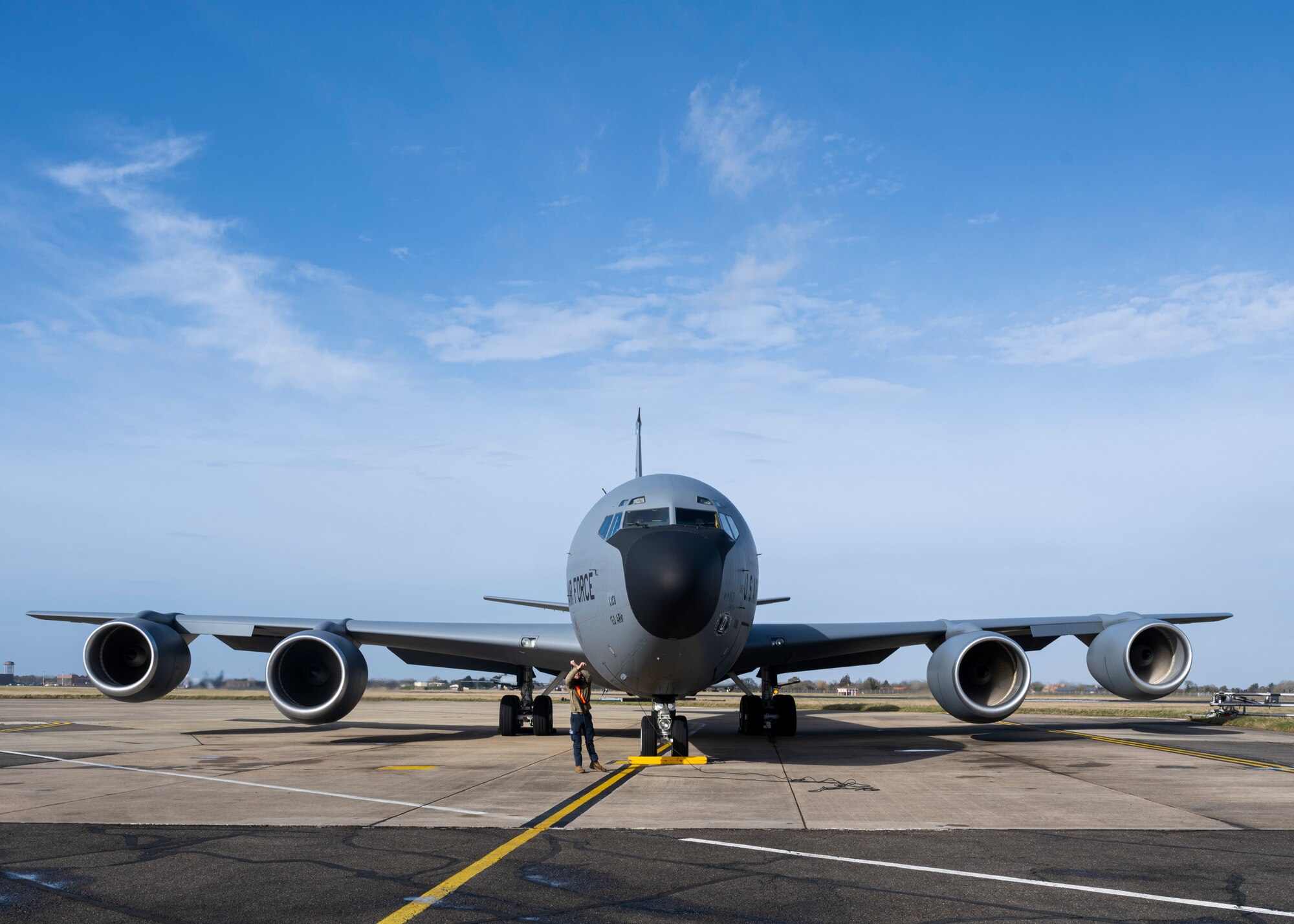 A U.S. Air Force Airmen assigned to the 100th Maintenance Squadron perform pre-flight checks on a KC-135 Stratotanker aircraft at Royal Air Force Mildenhall, England, Feb. 16, 2022. The 100th ARW is the only permanent U.S. air refueling wing in the European theater providing the critical air refueling "bridge" that enables the Expeditionary Air Force to deploy around the globe on a moment's notice.