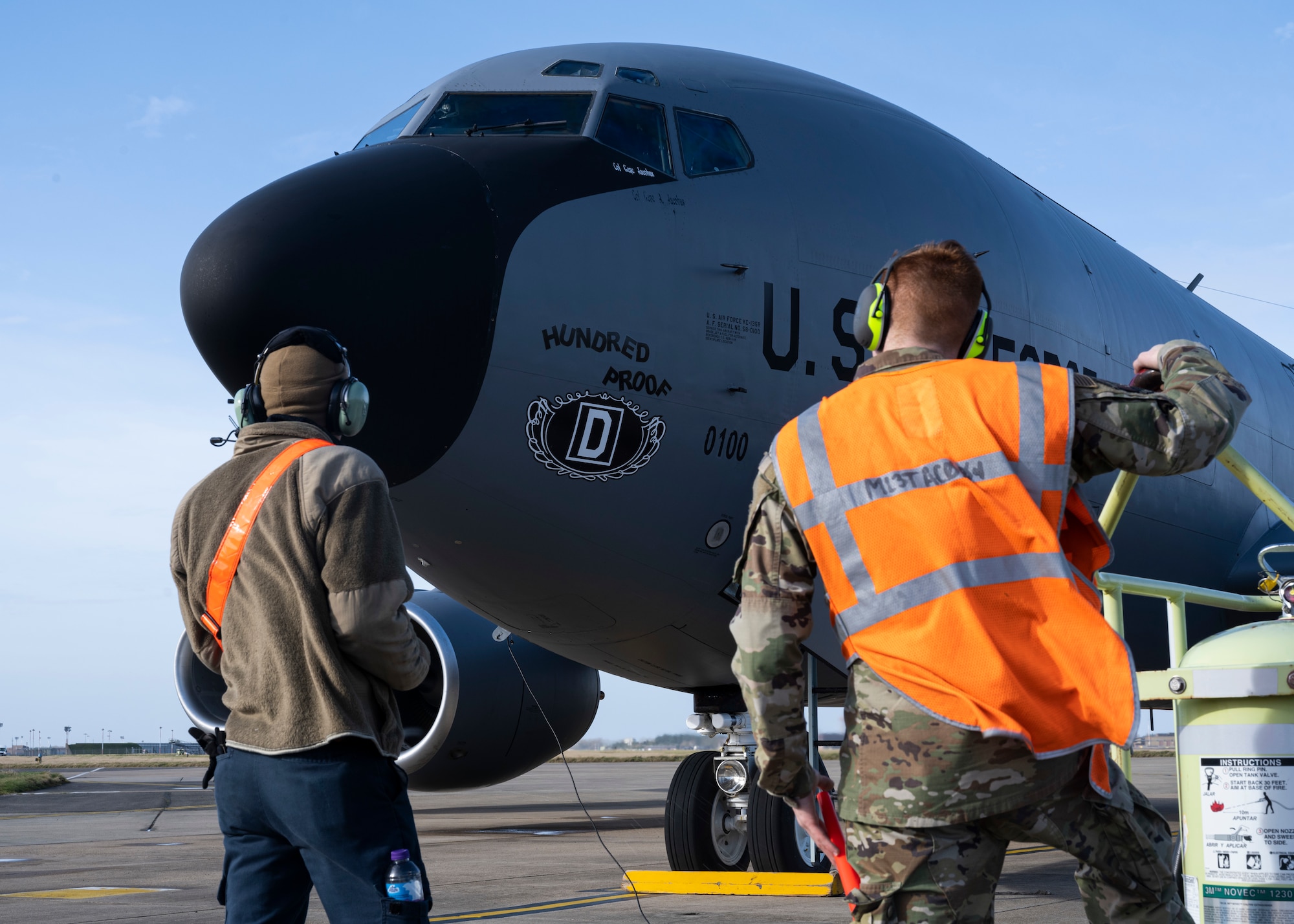 A U.S. Air Force Airmen assigned to the 100th Maintenance Squadron perform pre-flight checks on a KC-135 Stratotanker aircraft at Royal Air Force Mildenhall, England, Feb. 16, 2022. The 100th ARW is the only permanent U.S. air refueling wing in the European theater providing the critical air refueling "bridge" that enables the Expeditionary Air Force to deploy around the globe on a moment's notice.