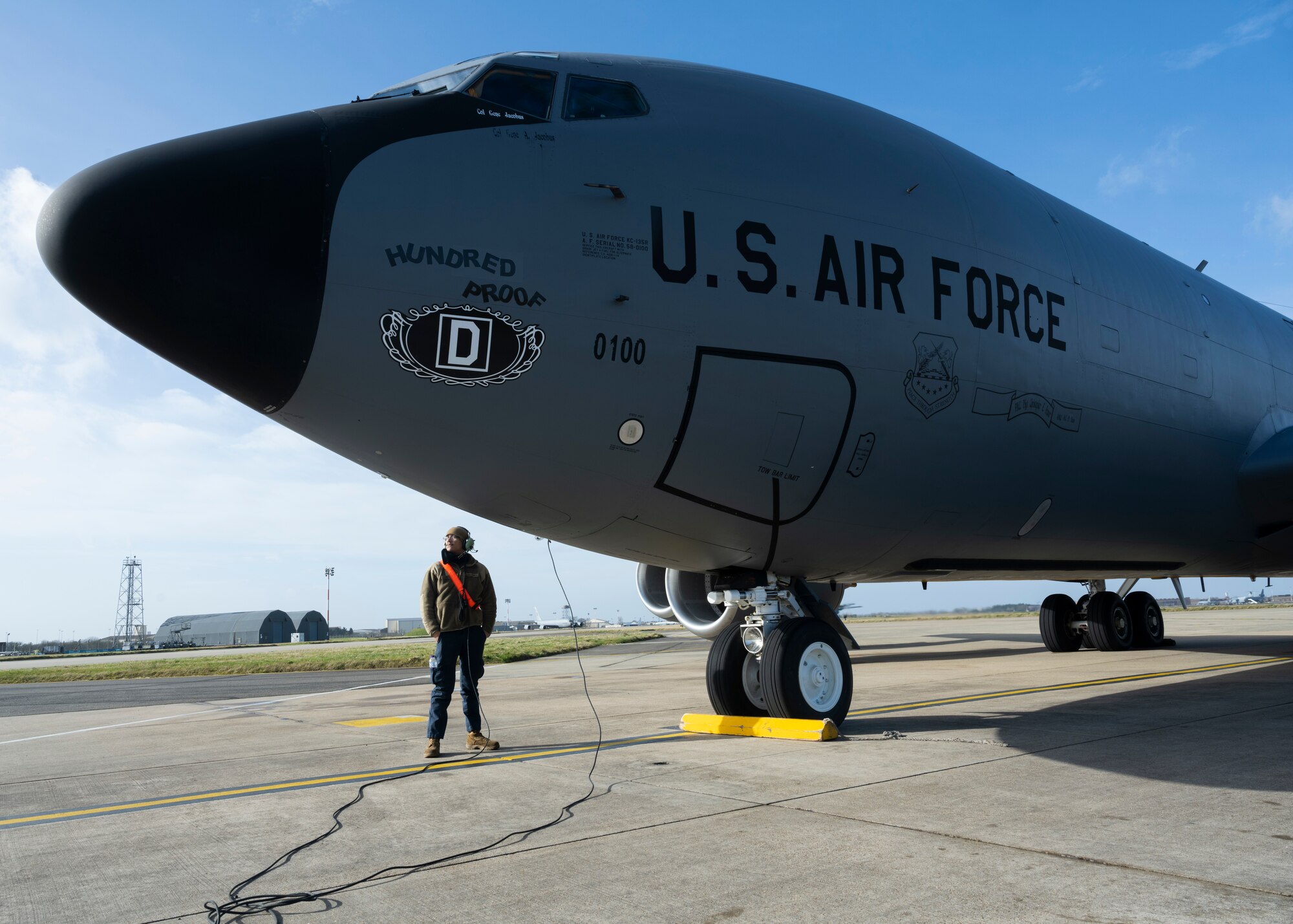 A U.S. Air Force Airmen assigned to the 100th Maintenance Squadron perform pre-flight checks on a KC-135 Stratotanker aircraft at Royal Air Force Mildenhall, England, Feb. 16, 2022. The 100th ARW is the only permanent U.S. air refueling wing in the European theater providing the critical air refueling "bridge" that enables the Expeditionary Air Force to deploy around the globe on a moment's notice.