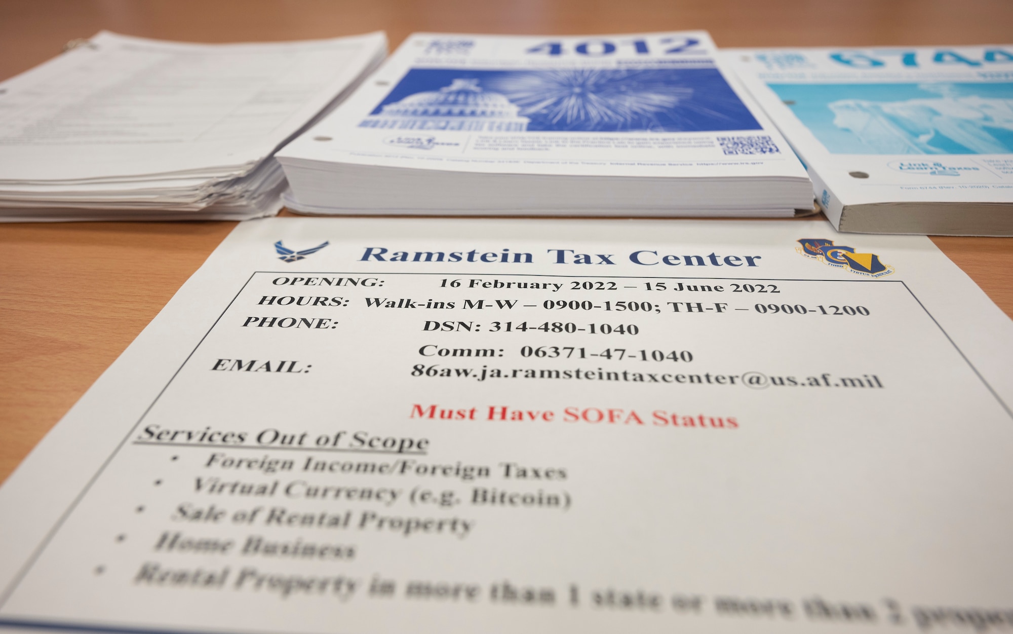 The Ramstein Tax Center officially opened Feb. 16, 2022 at Ramstein Air Base, Germany. The Tax Center located at the 86th Airlift Wing Legal office is offering a free tax service to members of the Kaiserslautern Military Community who fall under the Status of Forces Agreement. (U.S. Air Force photo by Senior Airman Thomas Karol)