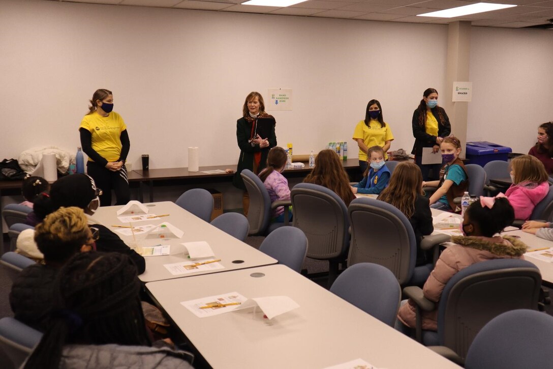 Dr. Beth Fleming, deputy director of the ERDC, speaks to Girl Scouts at the annual Society of Women Engineers Girl Scout Engineering Workshop.