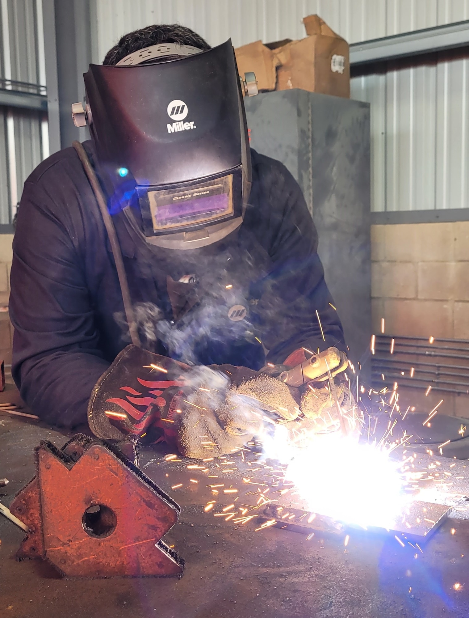 New York Air National Guard 106th Rescue Wing structural specialist practices welding at Silver Flag exercise at Tyndall Air Force Base, Panama City, Fla., January 10, 2022. Nineteen Airmen from the 106th Civil Engineering Squadron traveled to Tyndall AFB for a 10-day exercise, where they trained and tested their readiness in preparation for deployment. (Courtesy Photo)