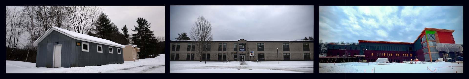 Pictured from left, the aid station that accompanied a mobile home (which no longer exists) where the first Army Mountain Warfare School courses were run when it was established in 1983; the current AMWS building, which was built in 1987, and the new $30 million facility scheduled to house students and instructors and support courses in April 2022.