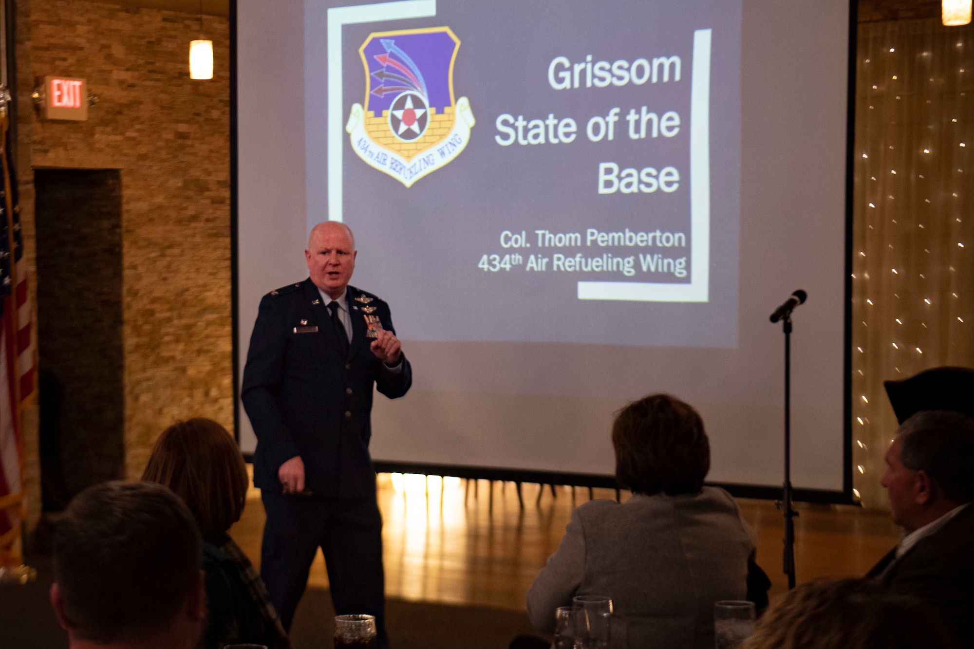 Col. Thom Pemberton 434th Air Refueling Wing commander speaks to members of the Grissom Community Council at the annual State of the Base event on 7 Feb, 2022 in Kokomo, IN. The council is a civilian non-profit organization whose goal is to support the men and women at Grissom. (U.S. Air Force photo by Tech Sgt. Josh Weaver)