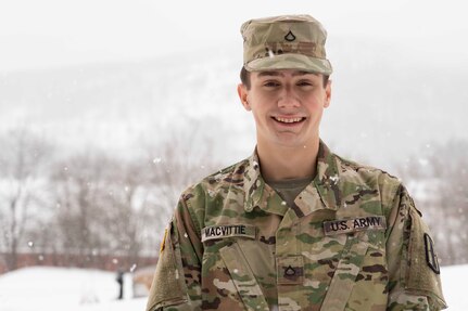 Pfc. Liam MacVittie of Charlie Battery, 1-103rd Field Artillery Regiment, outside the Coös County Nursing Hospital in Stewartstown, New Hampshire, Feb. 8, 2022. Macvittie, who is assigned to the hospital as part of the state’s COVID relief effort, helped rescue a woman from her burning home the previous day.