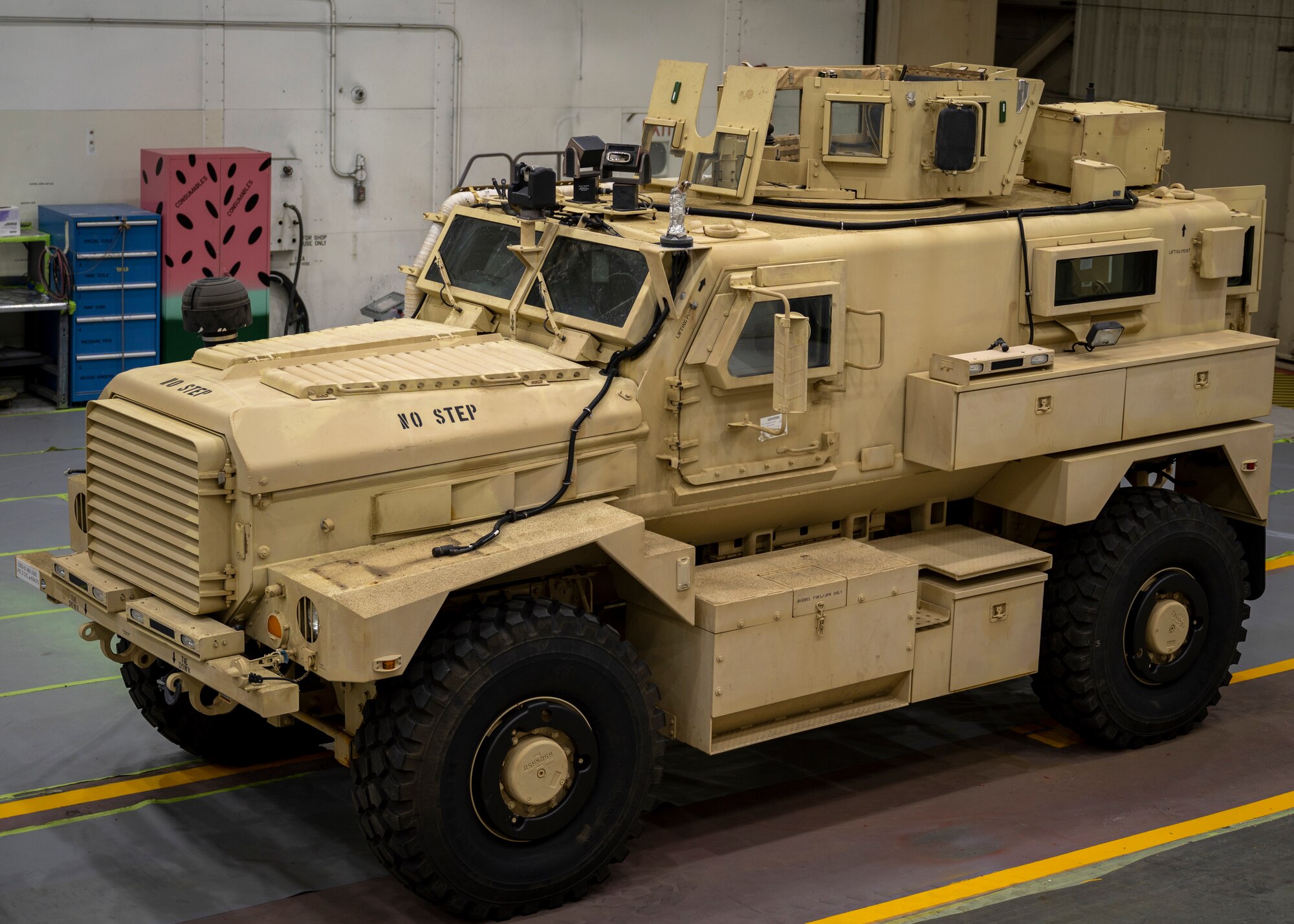 The Kinston Police Department’s mine-resistant, ambush-protected (MRAP) vehicle is parked in the 4th Equipment Maintenance Squadron aircraft structural maintenance section paint shop at Seymour Johnson Air Force Base, North Carolina, Jan. 5, 2022.