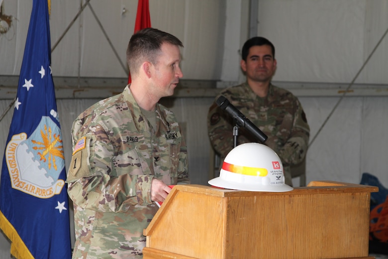 U.S. Army Col. Travis Rayfield addressed leaders present for the groundbreaking for the new vehicle maintenance facility being built by L.S. Black Constructors of St. Paul, Minn., overseen by the Kansas City District, U.S. Army Corps of Engineers, for the U.S. Air Force at Whiteman Air Force Base, near Knob Knoster, Mo. on Feb. 16, 2022. Col. Rayfield, left, commands the Kansas City District, USACE.