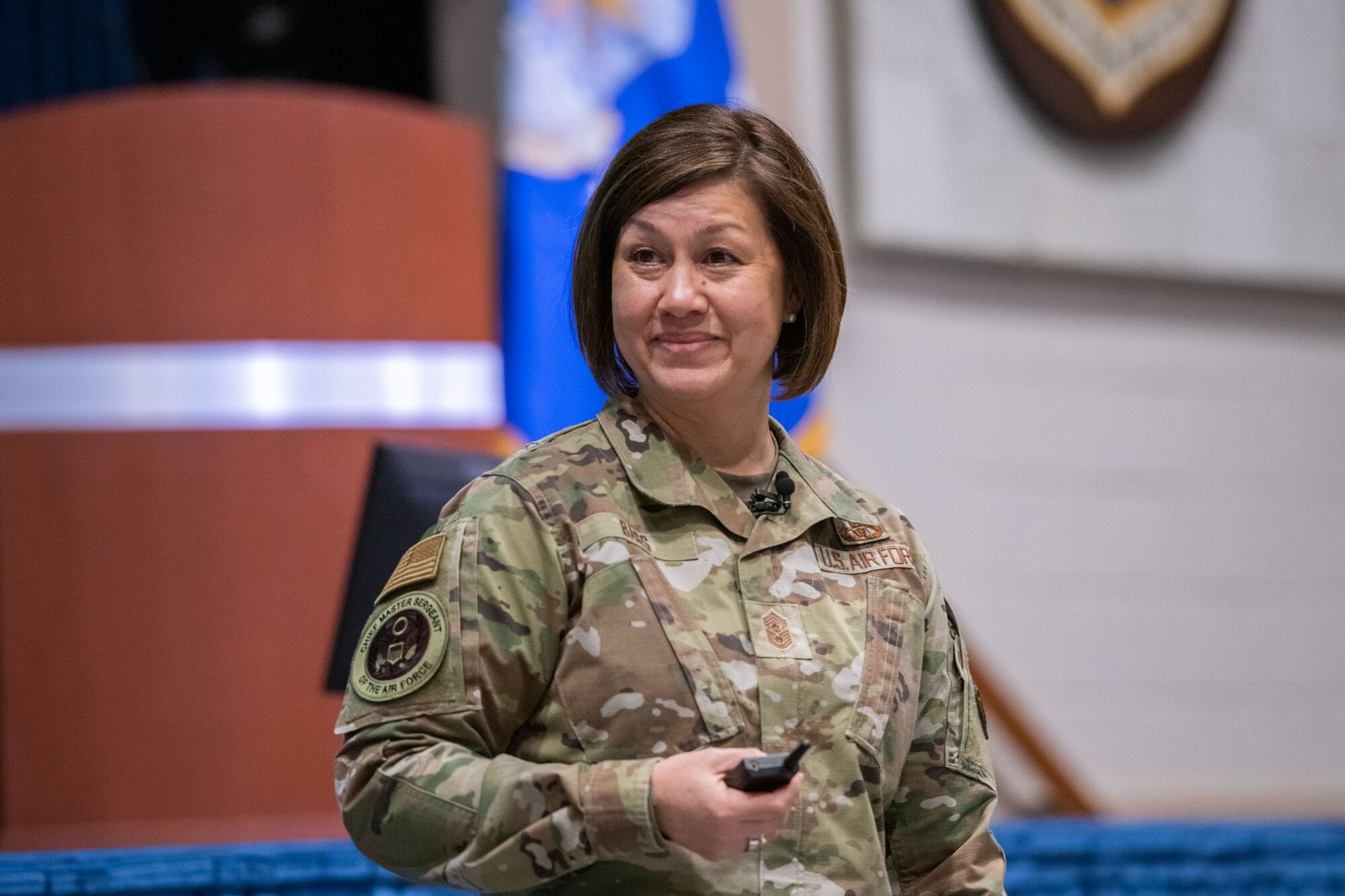 Maxwell AFB, Ala. - Chief Master Sergeant of the Air Force JoAnne S. Bass speaks at Polifka Auditorium for the Chief Orientation Symposium, an annual event where the Air Force’s newest CMSgt - selects are invited to participate on behalf of the CMSAF Feb 15, 2022. (U.S. Air Force photo by William Birchfield)