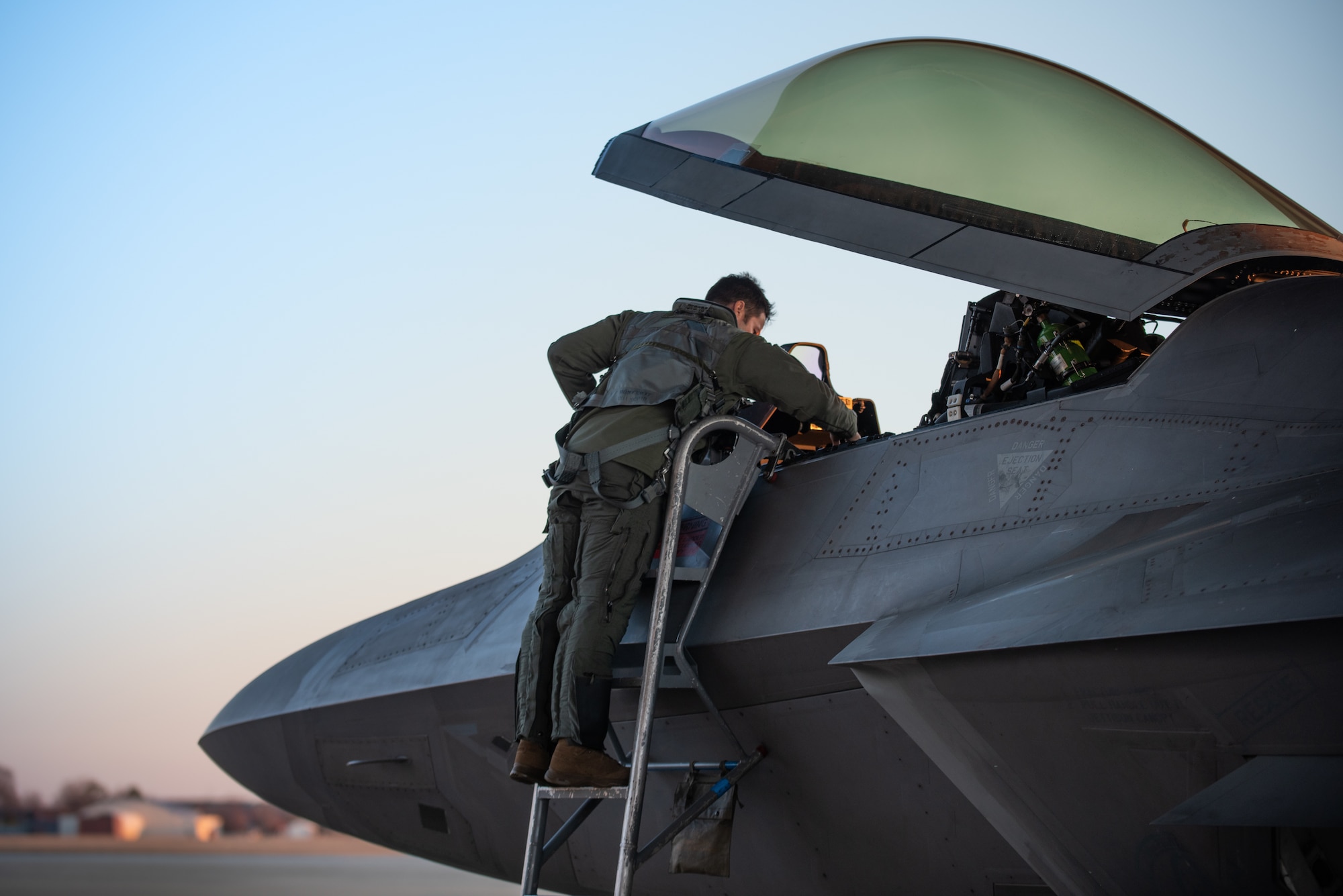 U.S. Air Force Maj. Josh Gunderson, F-22 Raptor Demonstration Team commander and pilot, prepares to launch out for a morning demo at Joint Base Langley-Eustis, Va., Jan. 22, 2020.