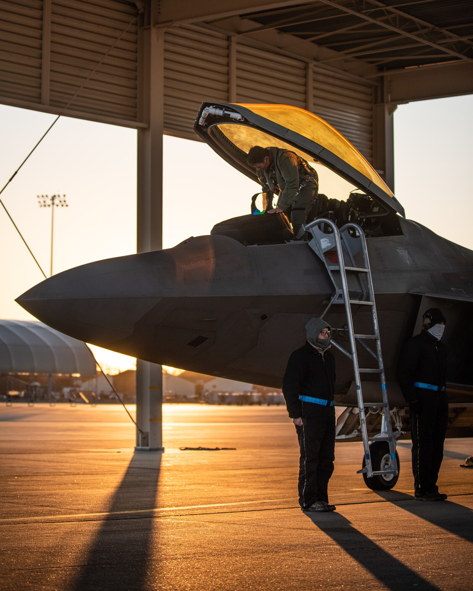 U.S. Air Force Maj. Josh Gunderson, F-22 Raptor Demonstration Team commander and pilot, prepares to launch out for a morning demo at Joint Base Langley-Eustis, Va., Jan. 22, 2020.