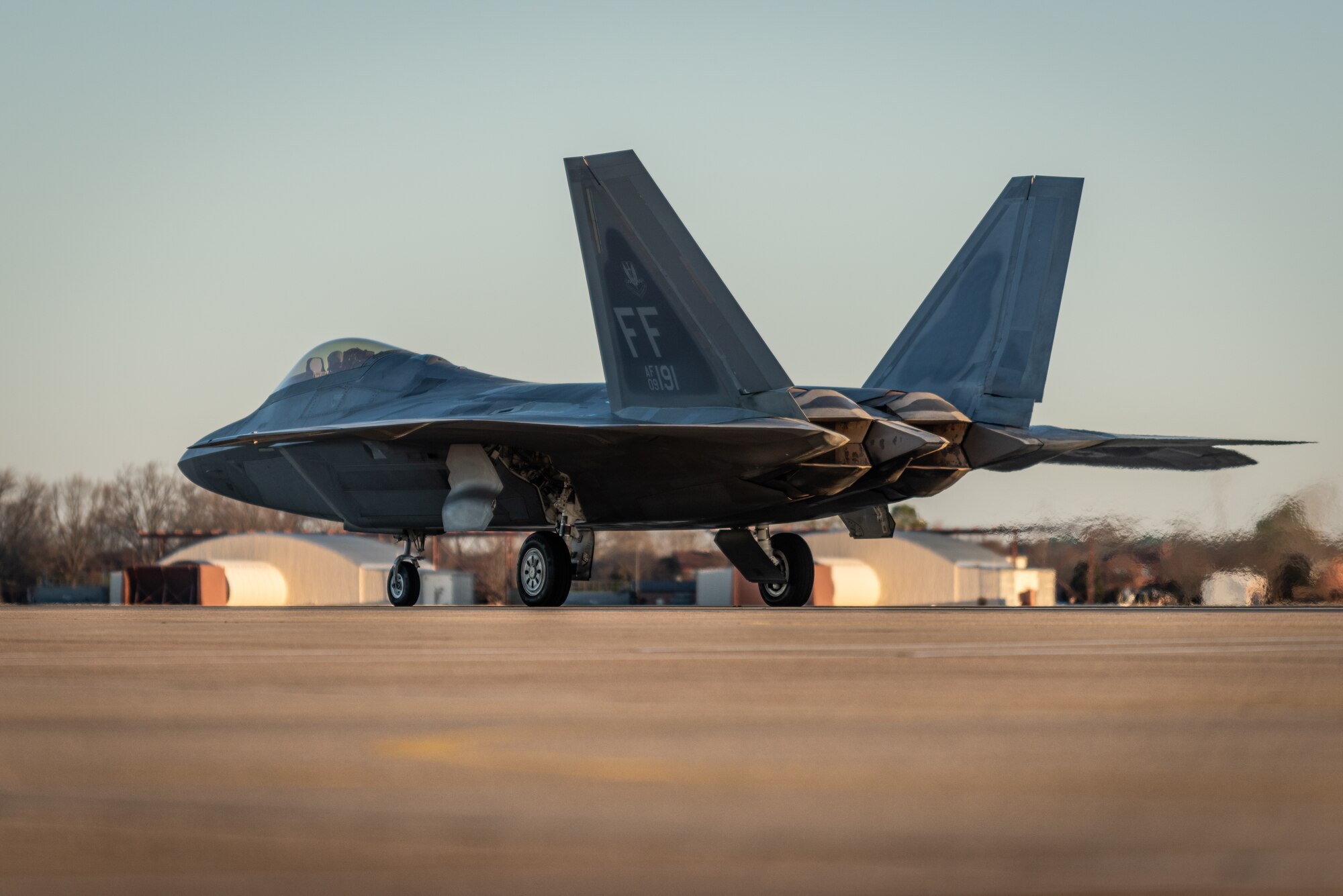 U.S. Air Force Maj. Josh Gunderson, F-22 Raptor Demonstration Team commander and pilot, taxis in preparation for takeoff at Joint Base Langley-Eustis, Va., Jan. 22, 2020.