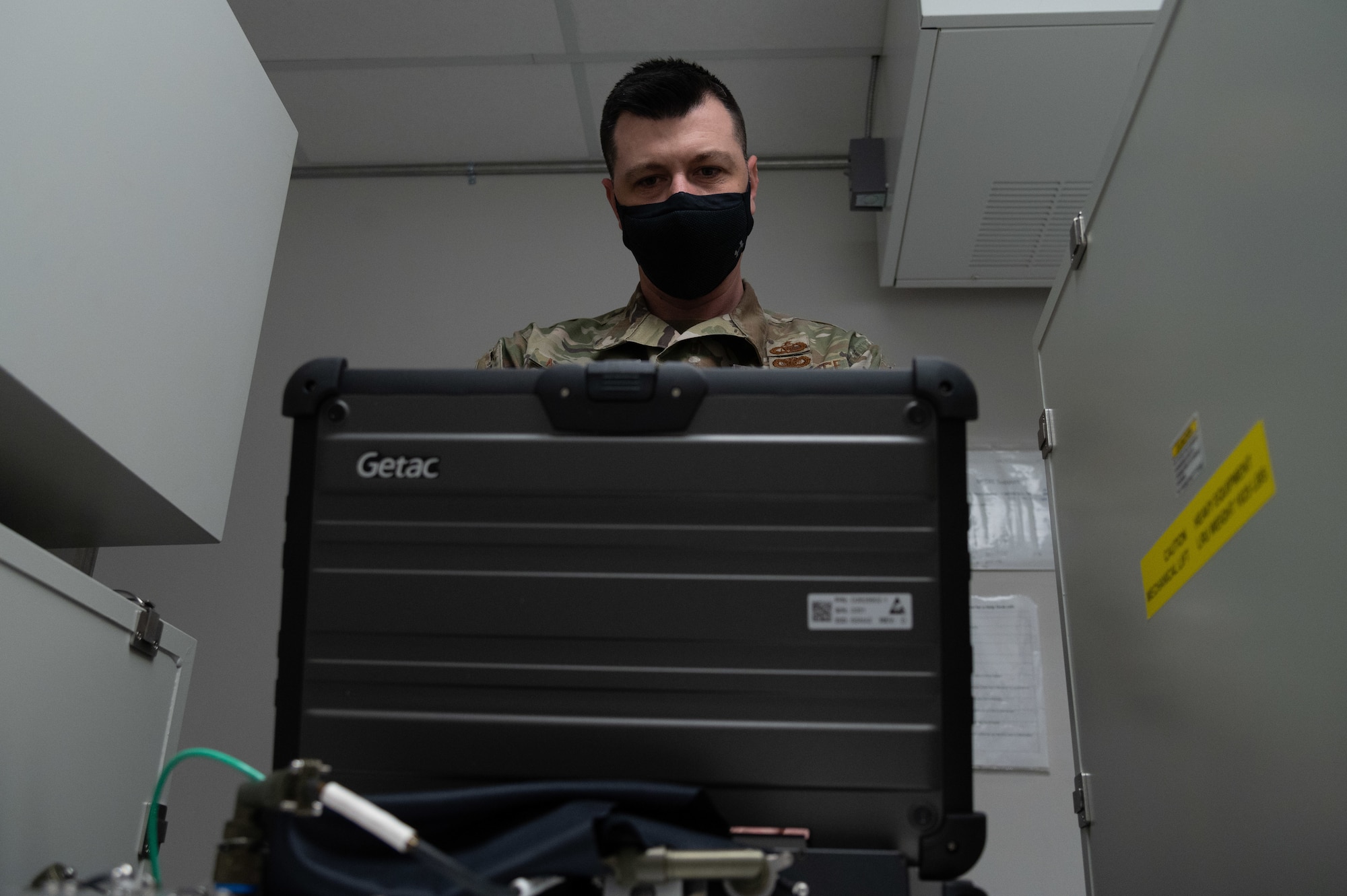 Tech Sgt. Clint Melancon, 307th Bomb Wing non-commissioned officer in-charge of nuclear command, control and communication systems, verifies the Global Aircrew Strategic Network Terminal’s connectivity to the NC3 equipment at Barksdale Air Force Base, Louisiana, Jan. 13, 2021.