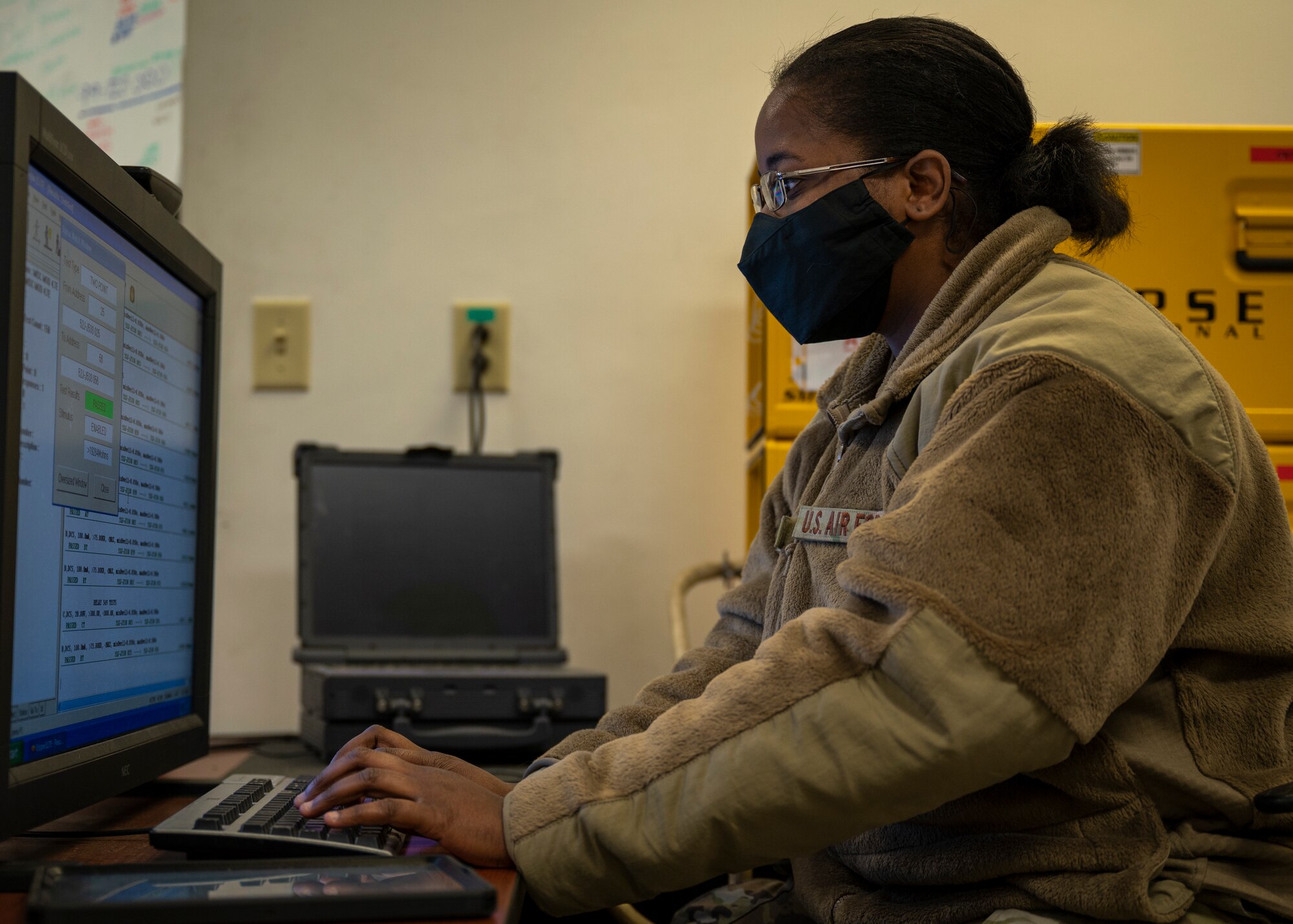 Staff Sgt. Keya Rolland-Mims, 4th Component Maintenance Squadron electrical environmental technician, operates the Eclypse tester at Seymour Johnson Air Force Base, North Carolina, Feb. 1, 2022.