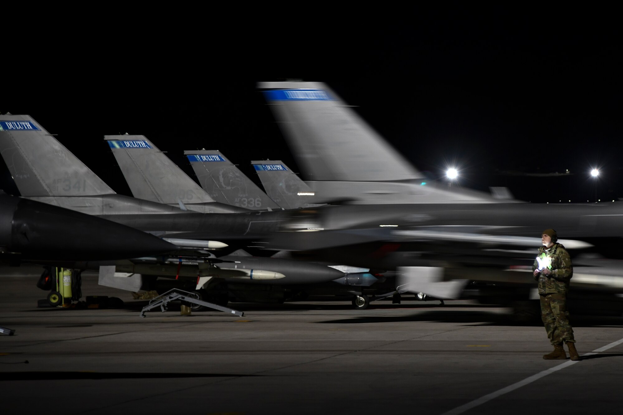 A U.S. Air Force Crew Chief assigned to the 148th Fighter Wing, Minnesota Air National Guard launches Block 50 F-16CM Fighting Falcons at Nellis Air Force Base, Nev., Feb 8, 2022, while participating in Red-Flag Nellis 22-1.