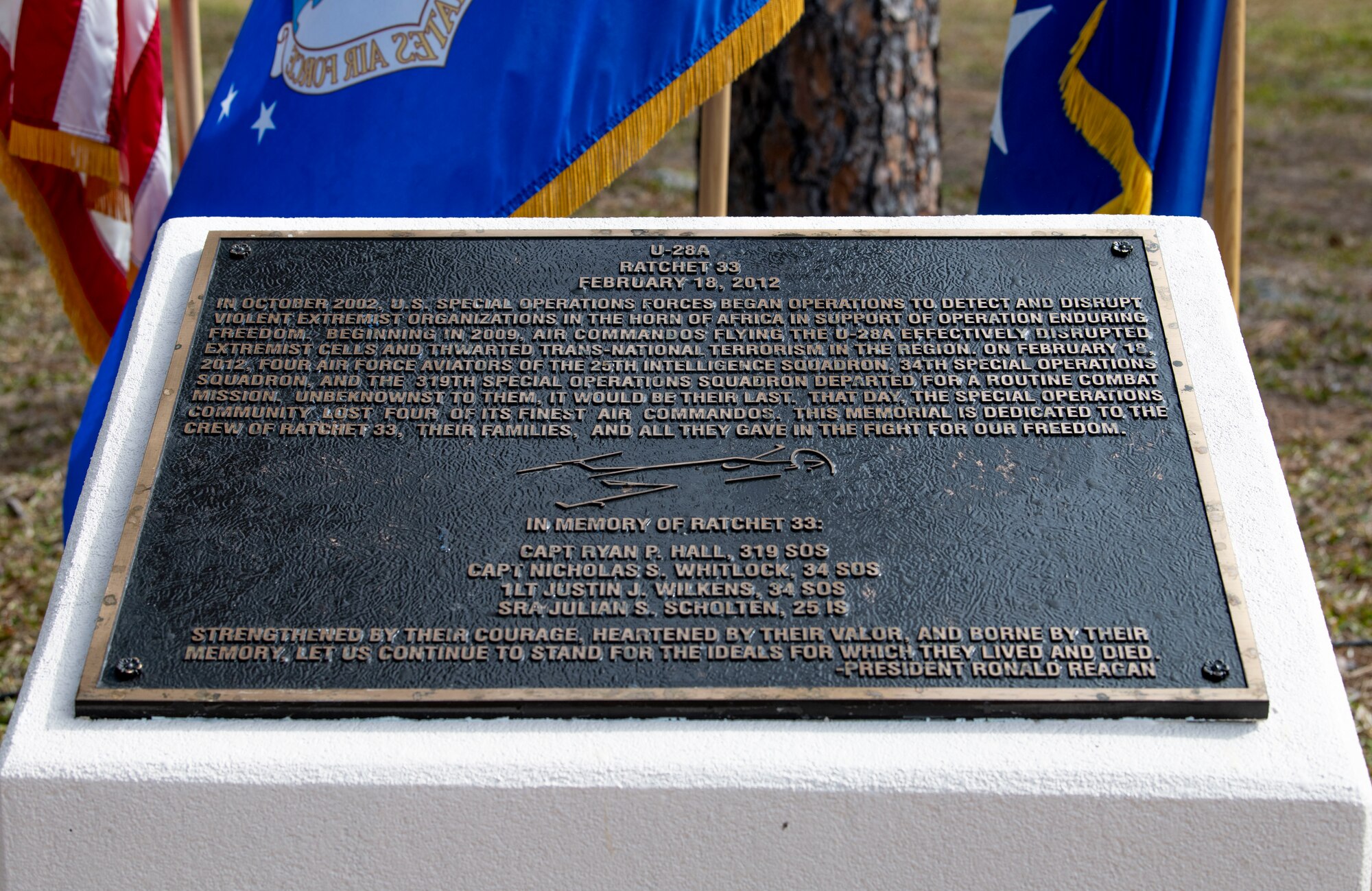 The Ratchet 33 plaque is on display in the Hurlburt Field Air Park Feb. 17, 2022, at Hurlburt Field, Florida.