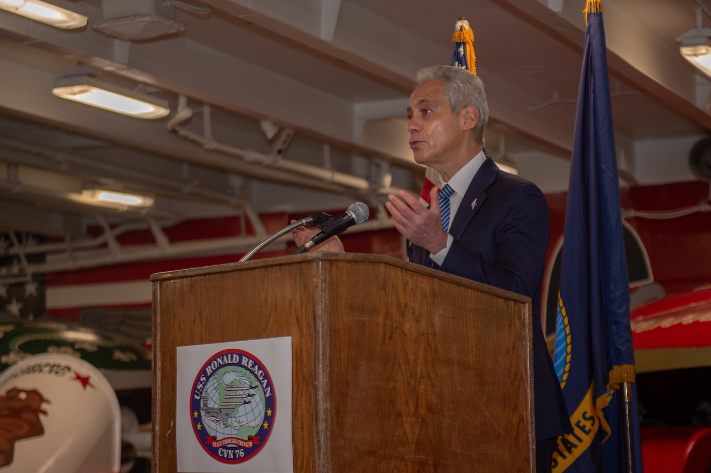YOKOSUKA, Japan (Feb. 17, 2022) The Honorable Rahm Emanuel, the U.S. ambassador to Japan, gives remarks during a naturalization ceremony in the forecastle of the U.S. Navy’s only forward-deployed aircraft carrier USS Ronald Reagan (CVN 76). During the ceremony, 17 candidates from 11 different countries became American citizens and Emanuel served as the keynote speaker. Ronald Reagan, the flagship of Carrier Strike Group 5, provides a combat-ready force that protects and defends the United States, and supports alliances, partnerships and collective maritime interests in the Indo-Pacific region. (U.S. Navy photo by Mass Communication Specialist 3rd Class Daniel G. Providakes)