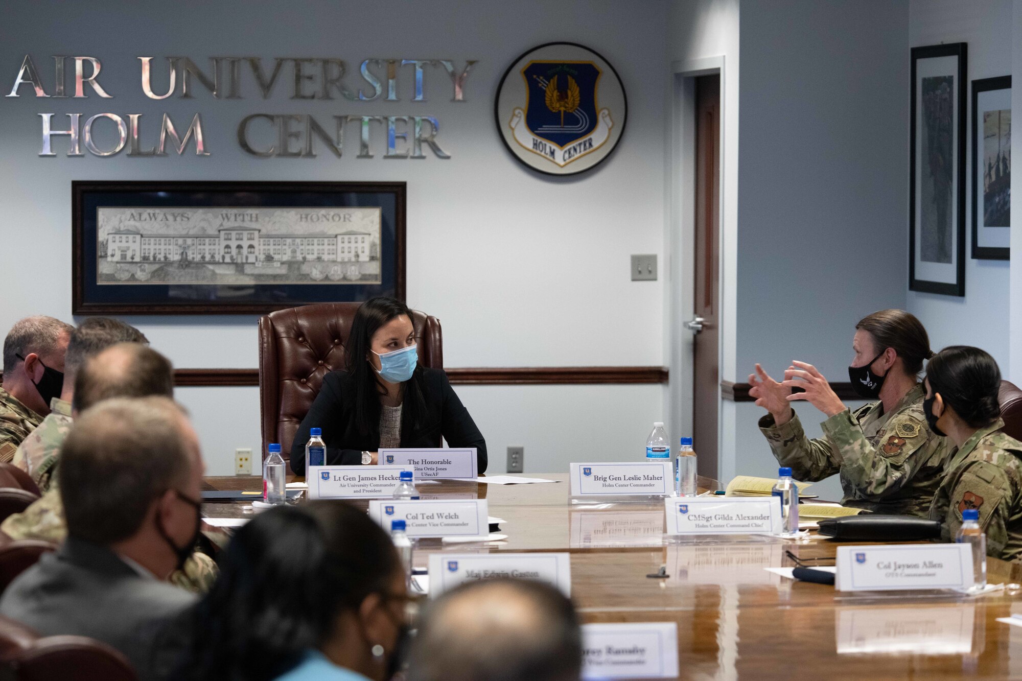 While at Air University on Feb. 15, 2022, Maxwell Air Force Base, Alabama, Under Secretary of the Air Force was briefed on the officer accessioning programs at the Jean M. Holm Center for Officer Accessions and Citizen Development.