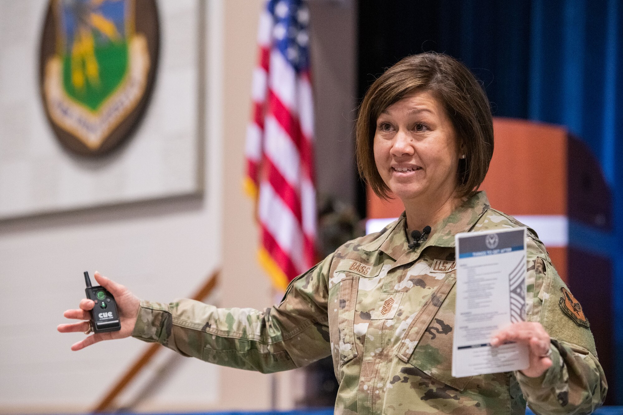 Maxwell AFB, Ala. - Chief Master Sergeant of the Air Force JoAnne S. Bass speaks at Polifka Auditorium for the Chief Orientation Symposium, an annual event where the Air Force’s newest CMSgt - selects are invited to participate on behalf of the CMSAF Feb 15, 2022. (U.S. Air Force photo by William Birchfield)