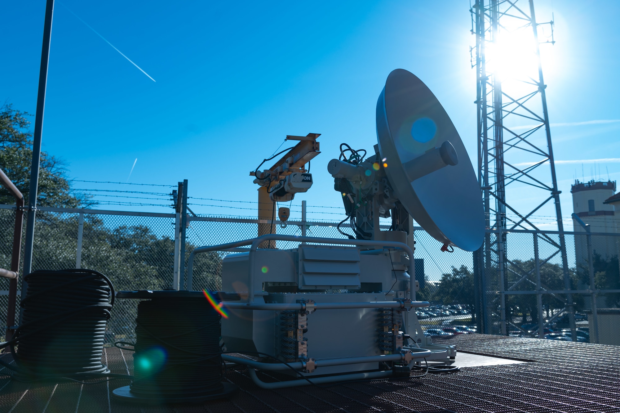 A newly installed communications dish sits atop the command post at Barksdale Air Force Base, Louisiana, Jan. 13, 2021.