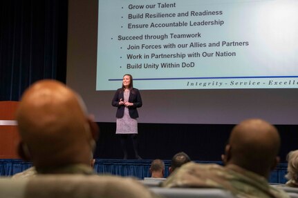 Under Secretary of the Air Force Gina Ortiz Jones addresses the service’s chief master sergeant-selects at the Chief’s Orientation Course held at Air University, Feb. 15, 2022, Maxwell Air Force Base, Alabama.