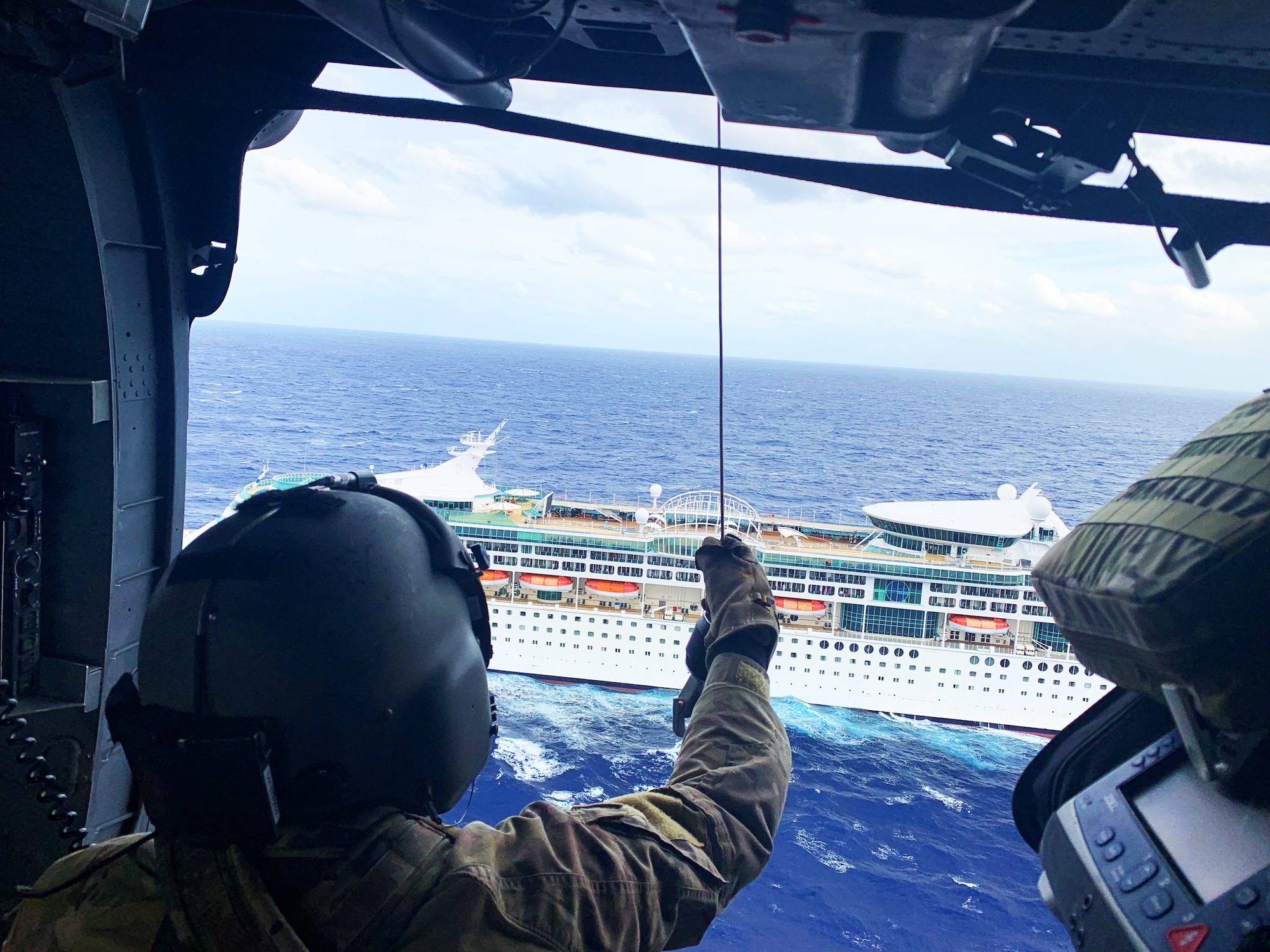 The 920th Rescue Wing conducted a medical airlift in support of a critically injured person aboard a cruise ship 600 nautical miles off the coast of Florida, Feb. 15, 2022. The mission, carried out by two HH-60G Pave Hawk helicopters, two-C-130J Combat King II aircraft and pararescuemen, required three air-to-air refuelings to reach the ship’s remote location. The rescue mission covered just under 1,100 miles round trip over open ocean and was completed in eight hours. (Courtesy photo)