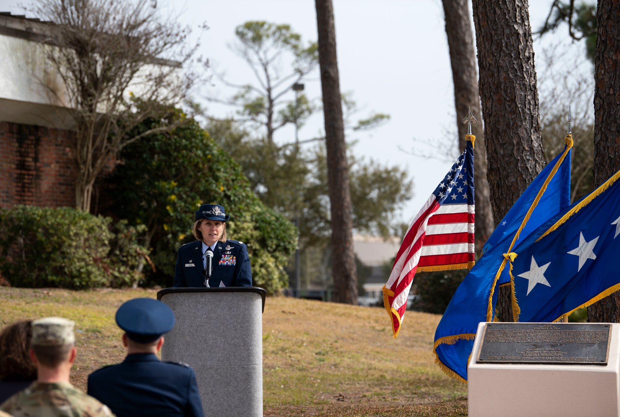 U.S. Air Force Lt. Col. Sarah Brehm, 34th Special Operations Squadron commander, delivers remarks during a memorial ceremony at Hurlburt Field, Florida, Feb. 17, 2022.