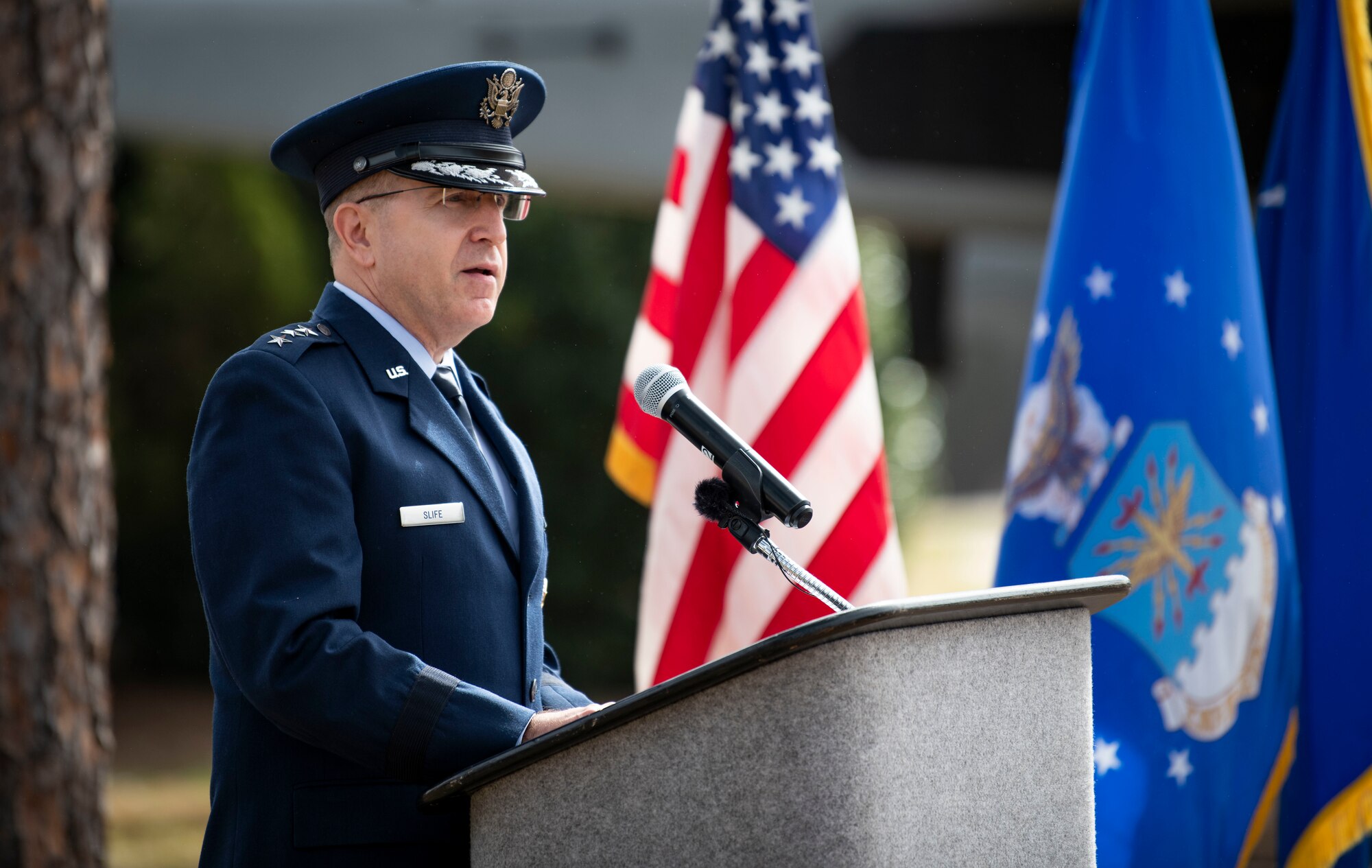 U.S. Air Force Lt. Gen. James Slife, commander of Air Force Special Operations Command, delivers remarks during a memorial ceremony at Hurlburt Field, Florida, Feb. 17, 2022.