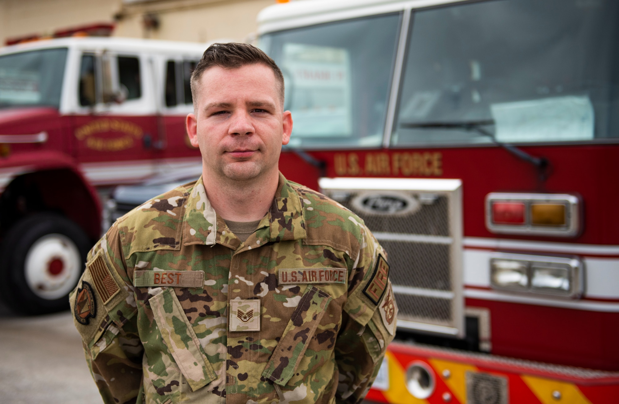 U.S. Air Force Staff Sgt. Lorin Best, 36th Civil Engineer Squadron Fire Department dispatch noncommissioned officer in charge, poses for a picture at Andersen Air Force Base, Guam, Feb. 15, 2022.